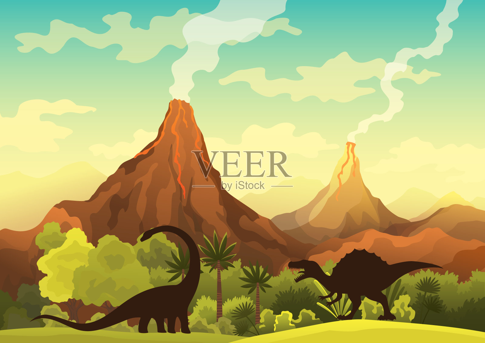 史前景观-火山与烟雾，山脉，恐龙和绿色植被。美丽的史前景观和恐龙的矢量插图插画图片素材