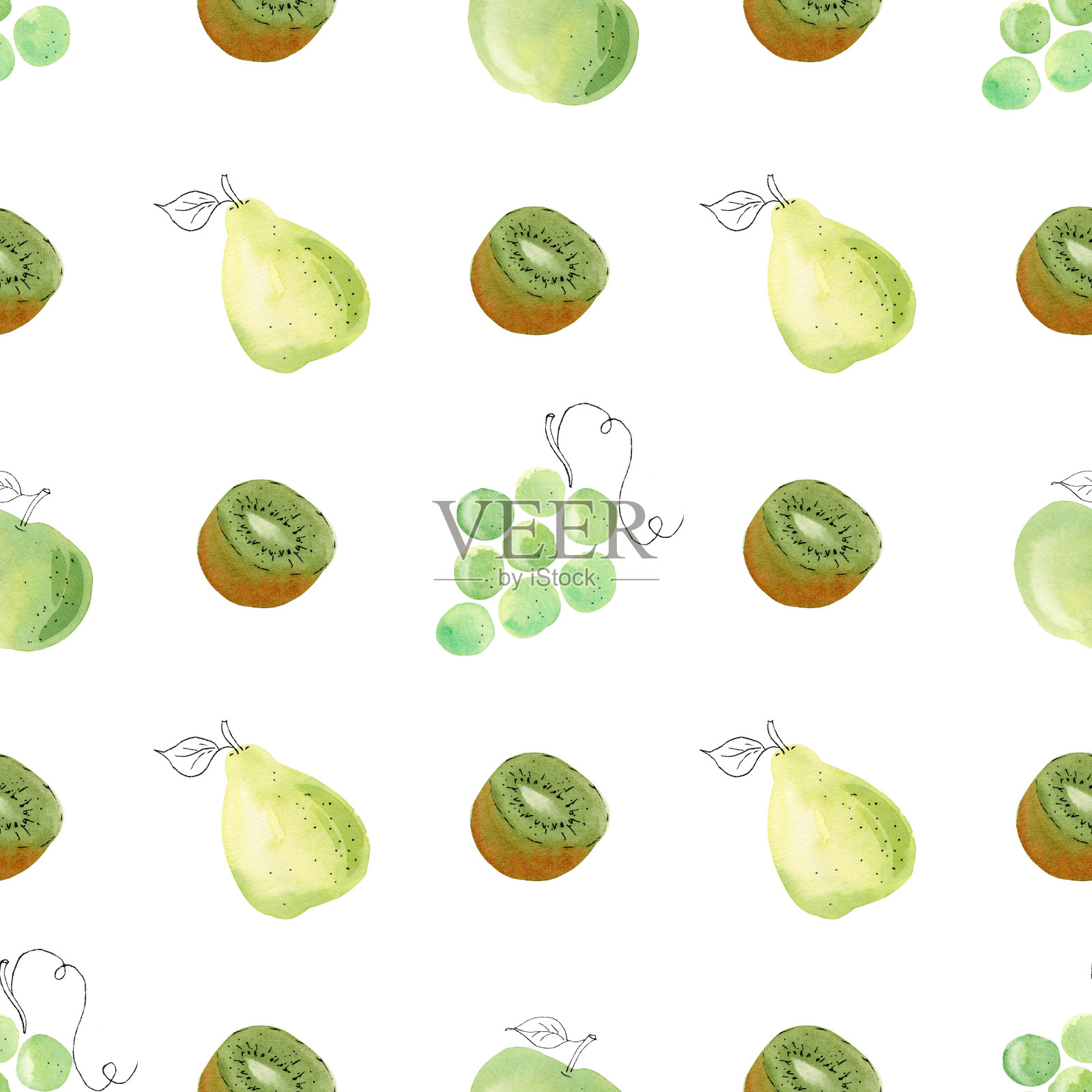 水彩绿葡萄、猕猴桃、梨果夹心。无缝图案数码纸。手绘插图。插画图片素材