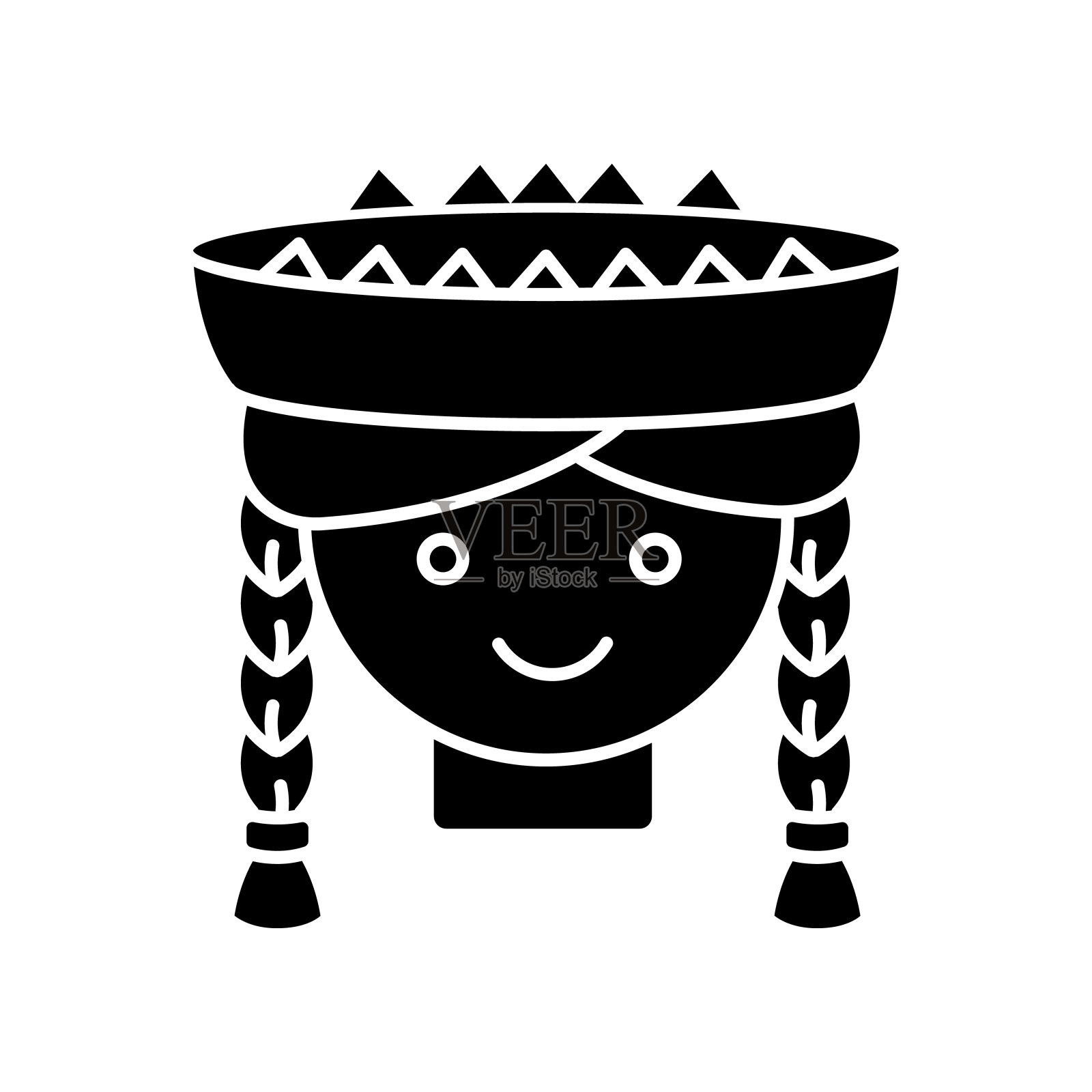 秘鲁女孩黑色象形文字图标。可爱的微笑女人头与辫子。戴着传统帽子的年轻女士。秘鲁当地的孩子。白色空间上的剪影符号。向量孤立的插图设计元素图片