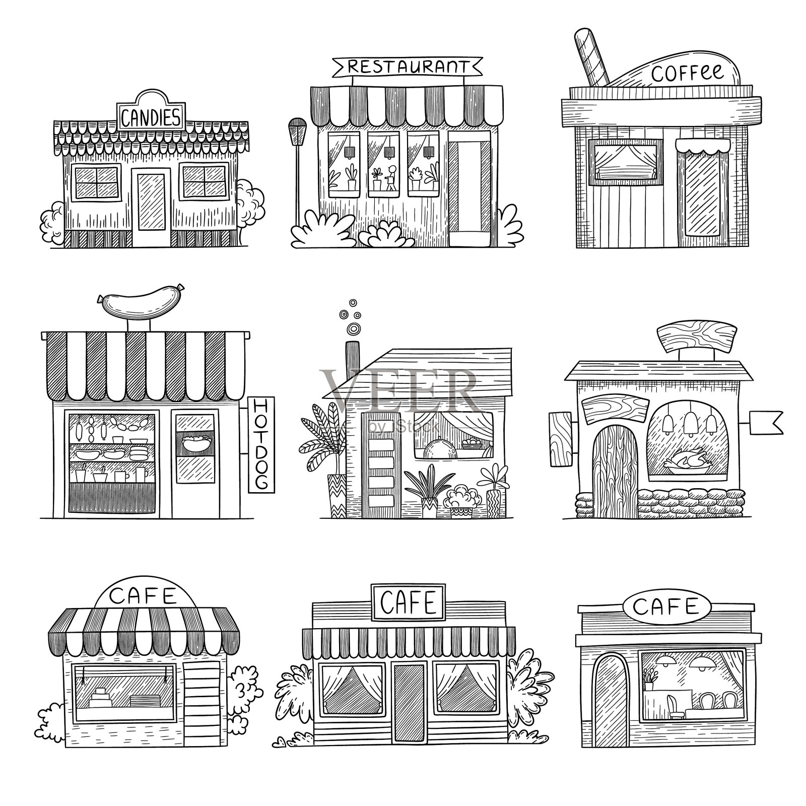 咖啡馆建筑手绘店餐厅小插画图片素材
