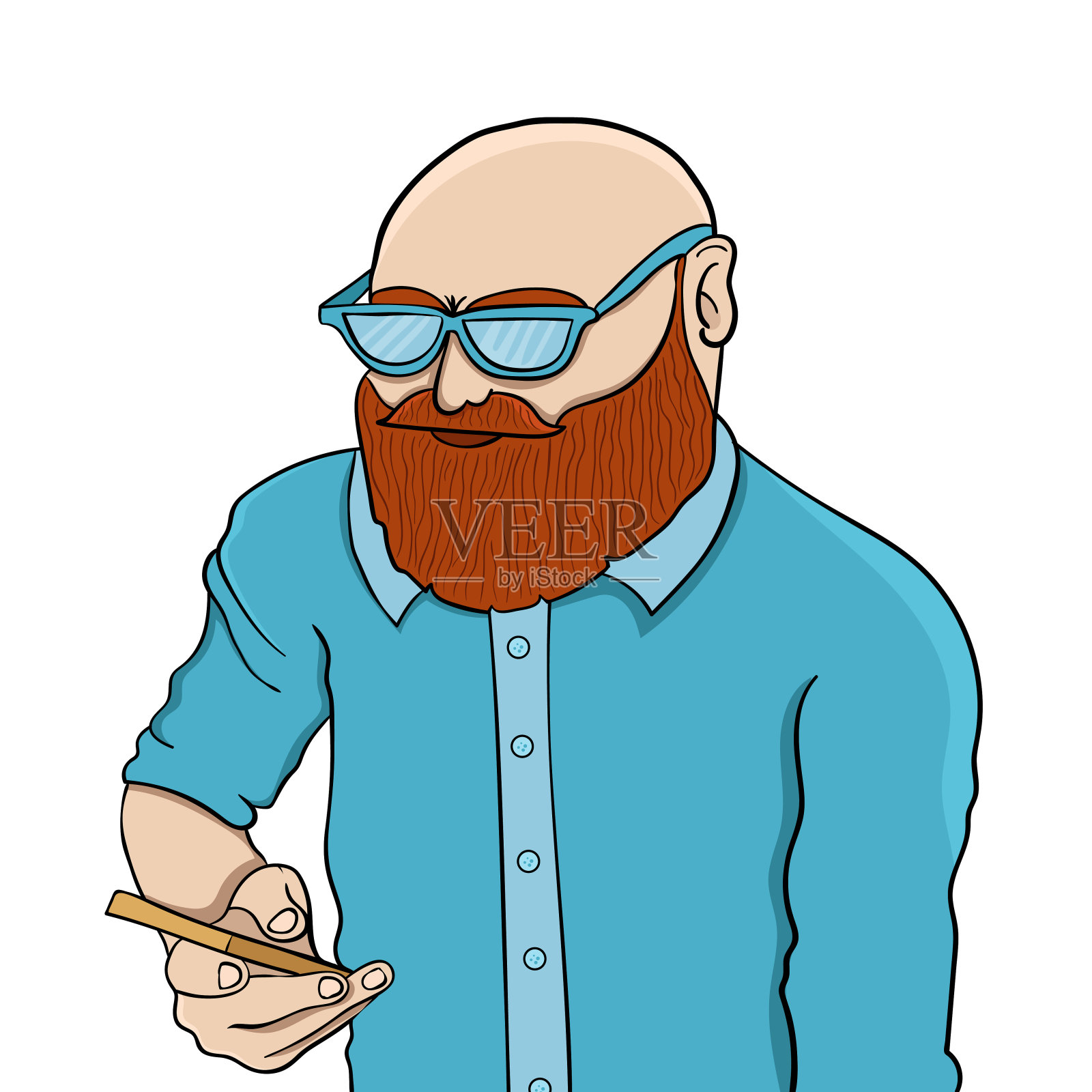 卡通成年白人男子，蓄着胡子，手里拿着智能手机，矢量插图插画图片素材