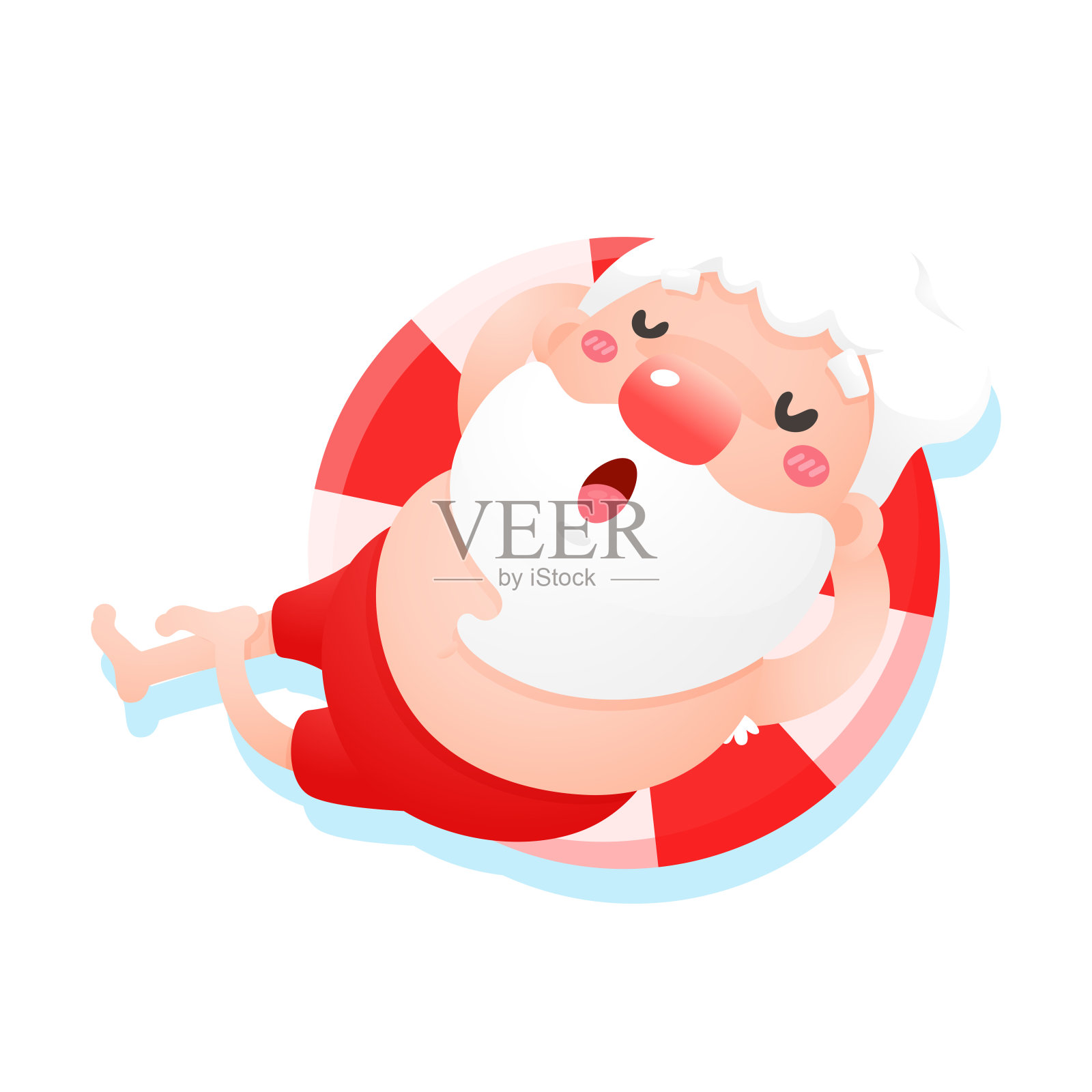 矢量卡通圣诞老人放松时，在夏天躺在海上。插画图片素材