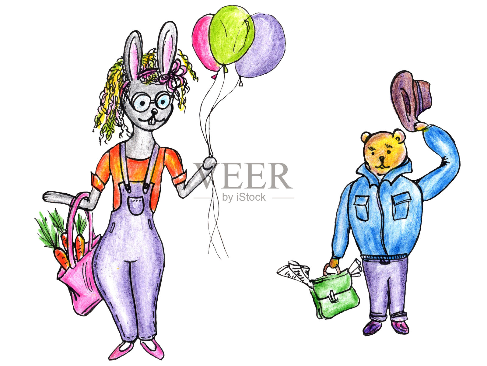 可爱的角色兔子和仓鼠，兔子有一个杂货袋和球，仓鼠有一个公文包和帽子插画图片素材