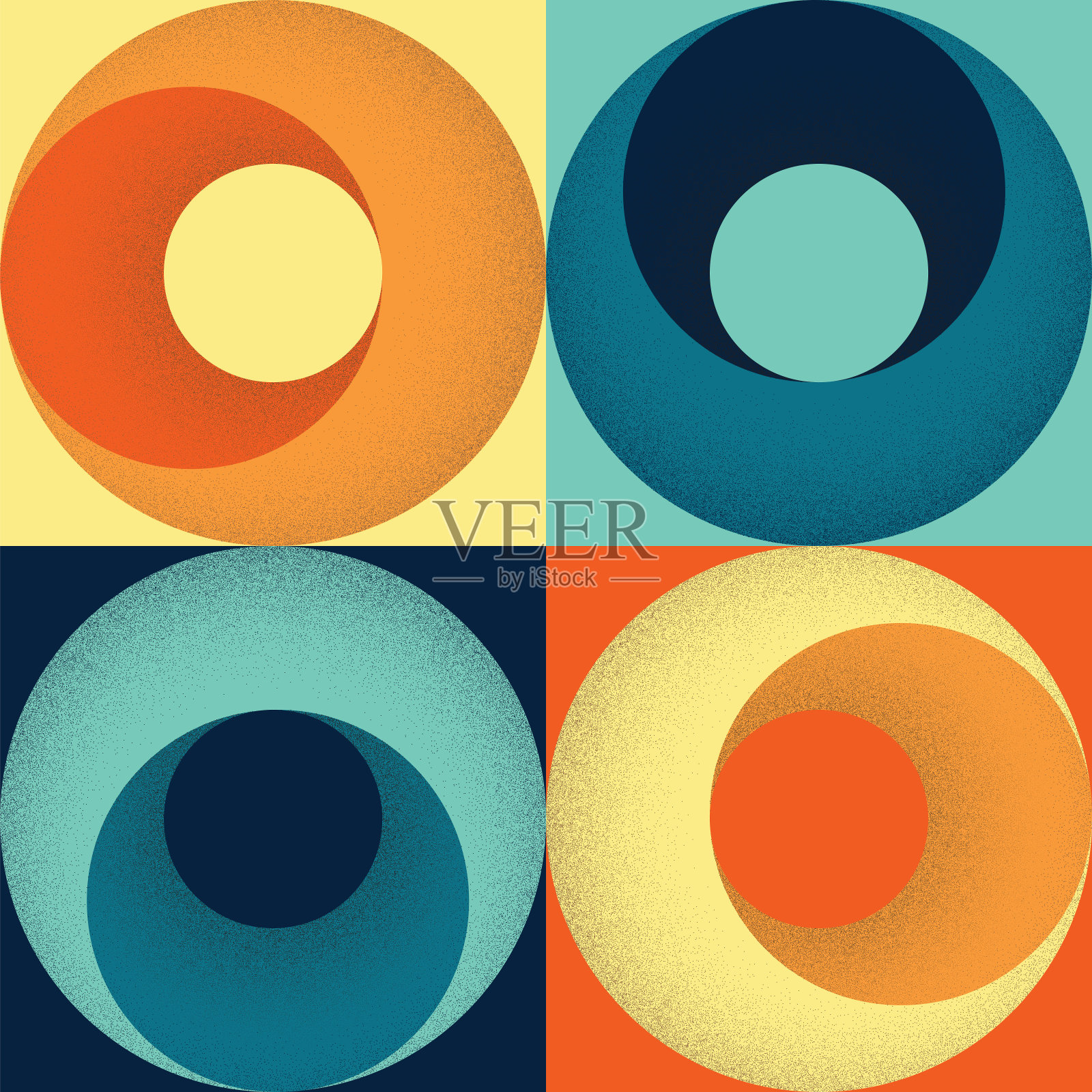 复古配色方案无缝的60年代或70年代风格的正方形和圆形几何图案与点状阴影插画图片素材