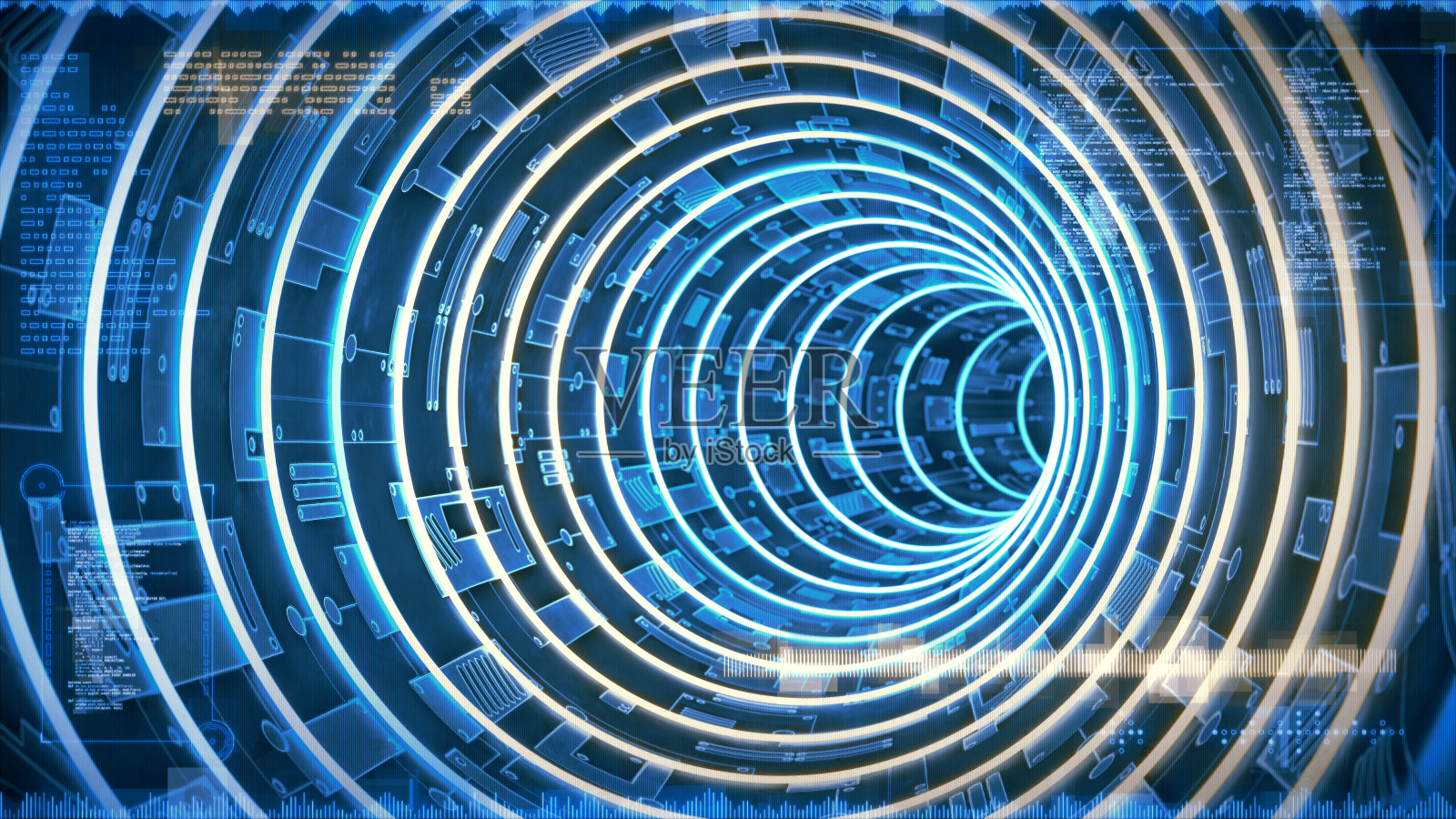 发光的蓝色虚拟现实人工隧道螺旋计算机网络设计递减的视角，HUD信息图和电路板照片摄影图片