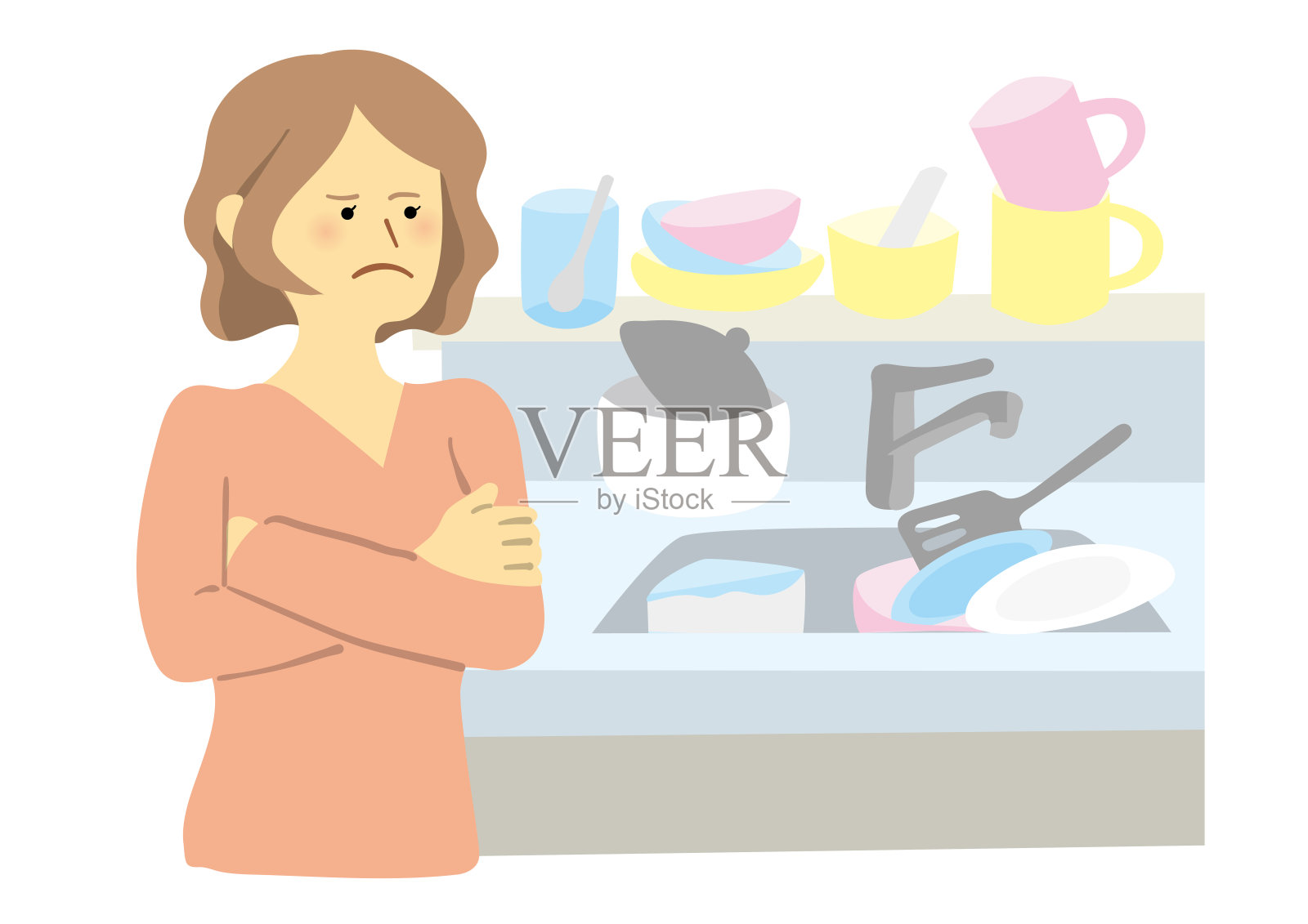 一个女人在满是衣服的厨房里插画图片素材