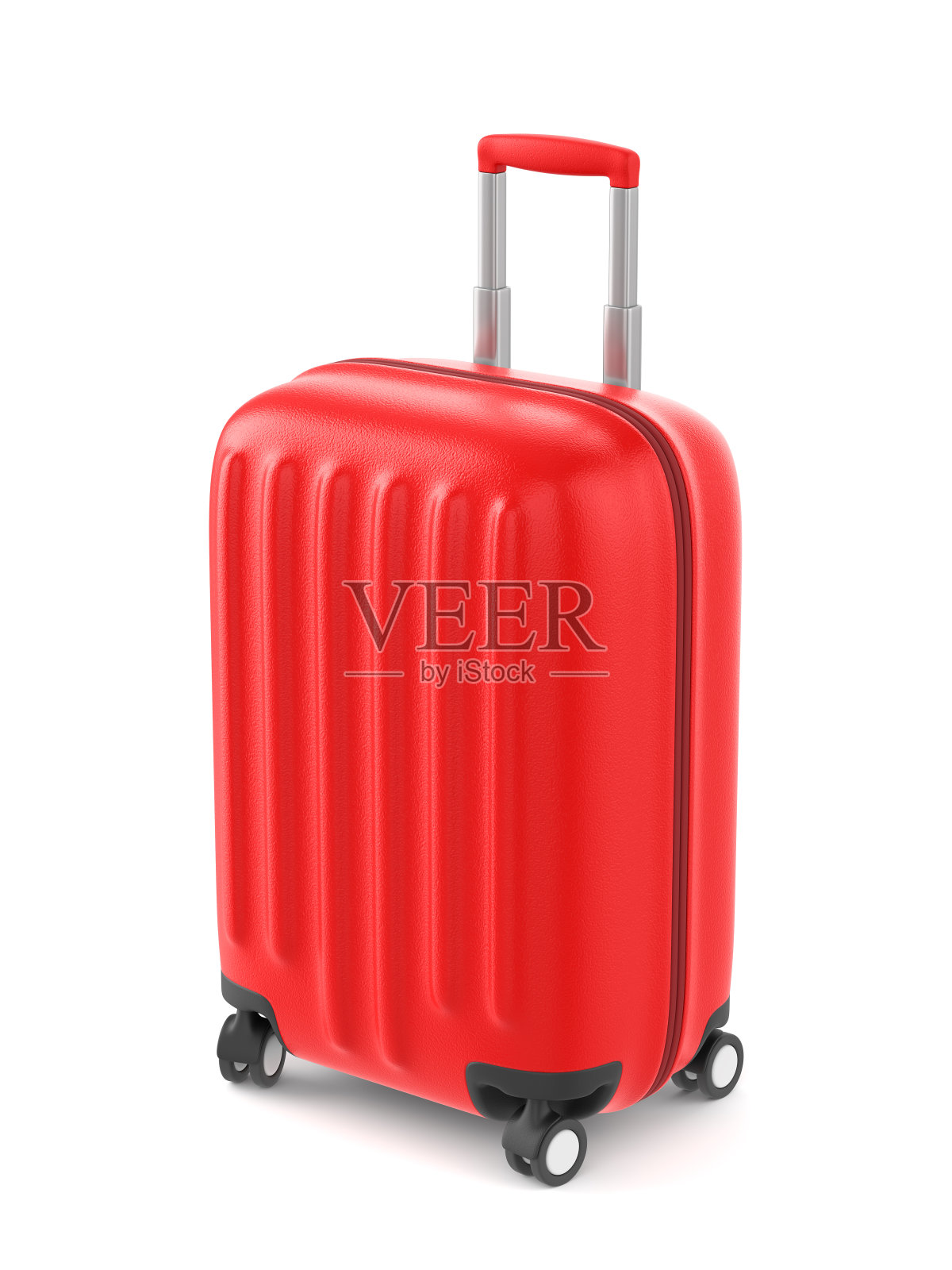 红色塑料手提箱，有轮子和可收放的提手照片摄影图片