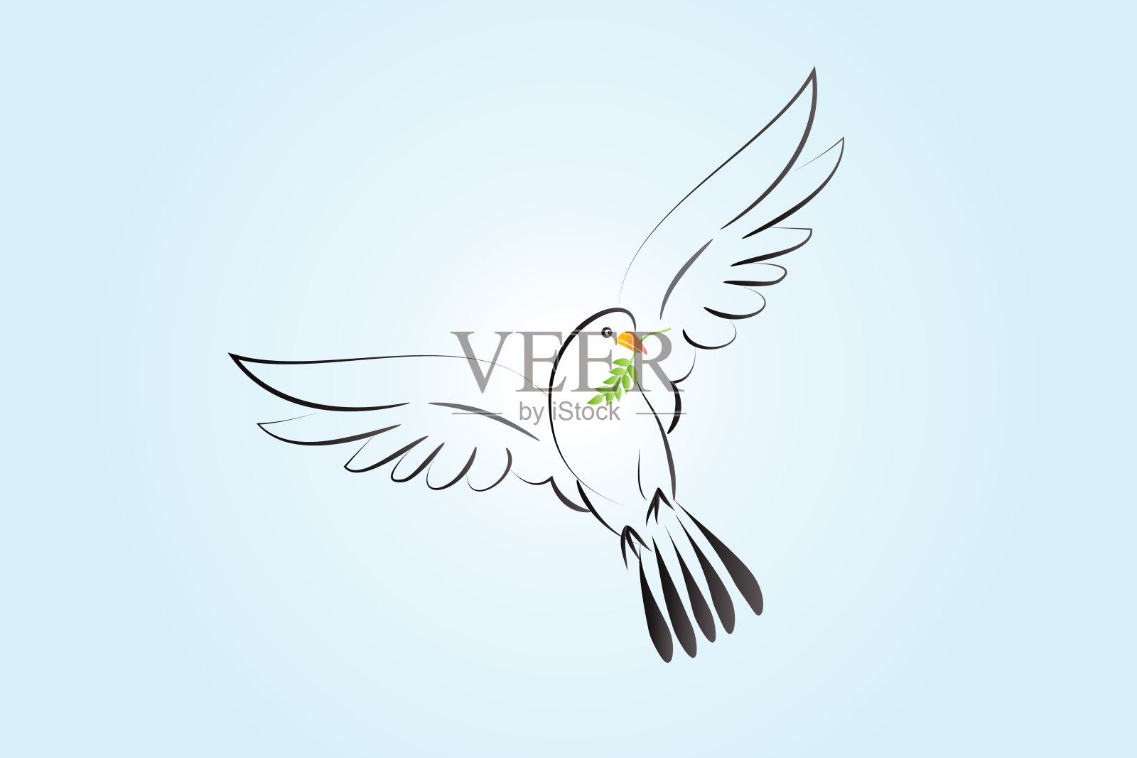 蓝色背景下一只啄着橄榄枝的象征和平的鸽子(5种尺寸)_蛙客网viwik.com