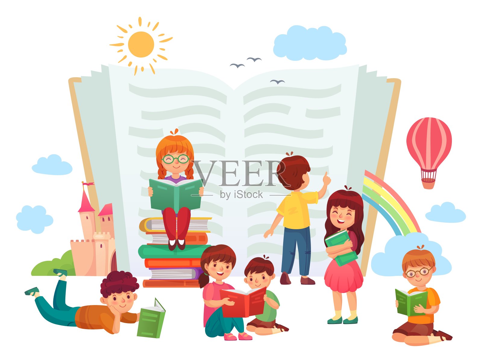 孩子们读书。孩子们在一起，喜欢文学，喜欢阅读。男孩和女孩在学习或学习插画图片素材