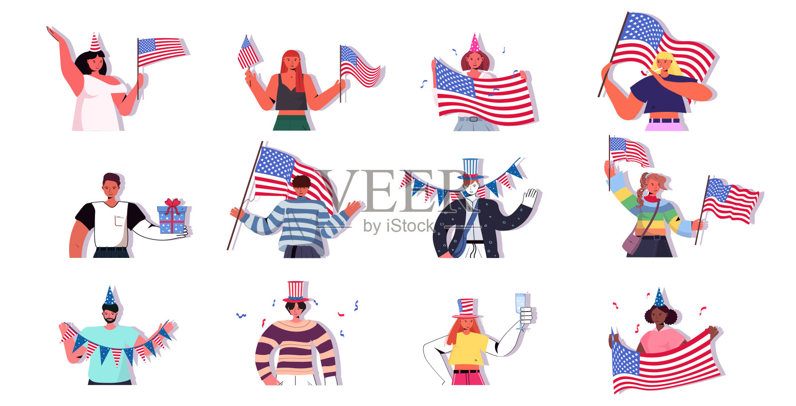 人们举着美国国旗，混合种族，男人，女人庆祝7月4日美国独立日的概念插画图片素材