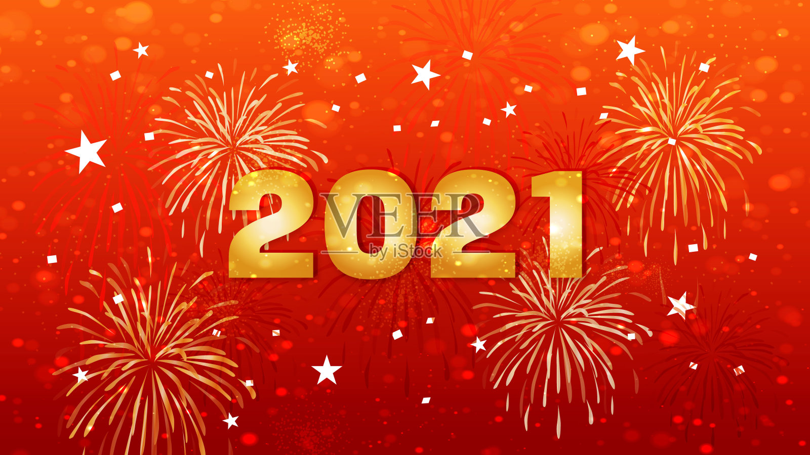 新年快乐2021庆祝文本与节日烟花拼贴在红色的背景插画图片素材