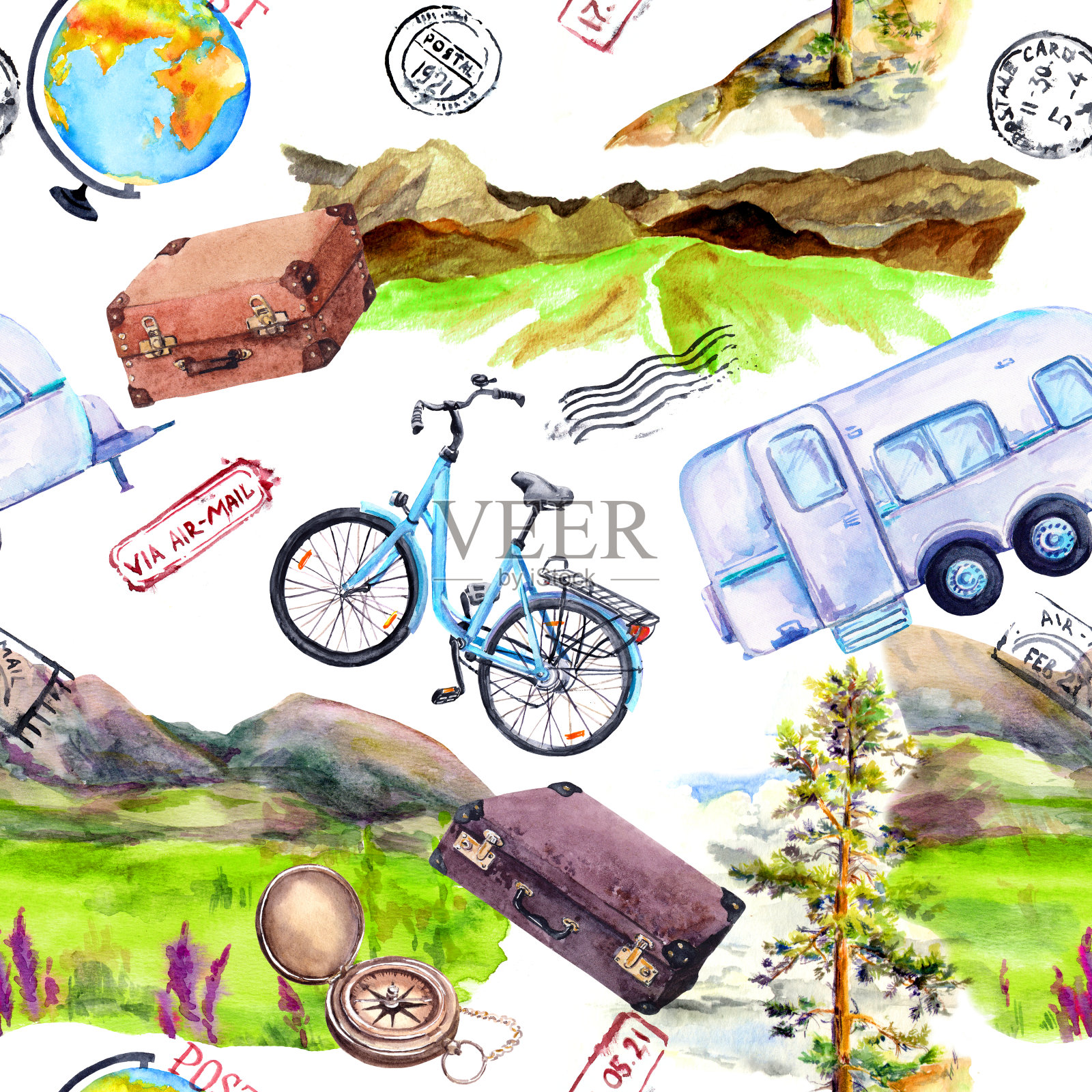 自行车，拖车，山，箱子，背包，邮政标记。旅行,旅行的概念。重复的背景。水彩插画图片素材