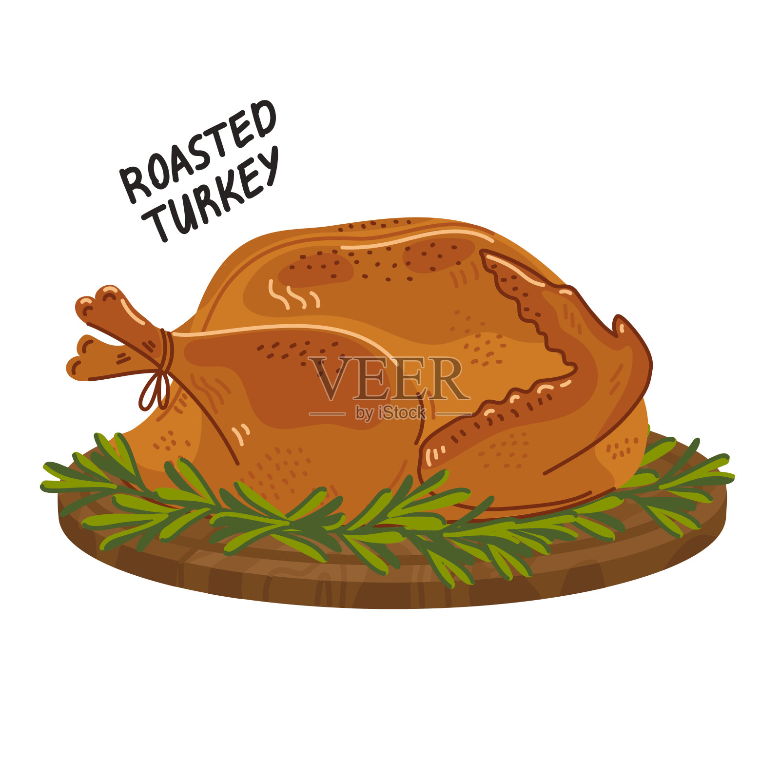 土耳其烤。把整只节日火鸡放在圆形的木板上烹饪。简单的平面风格矢量插图上的白色背景设计元素图片