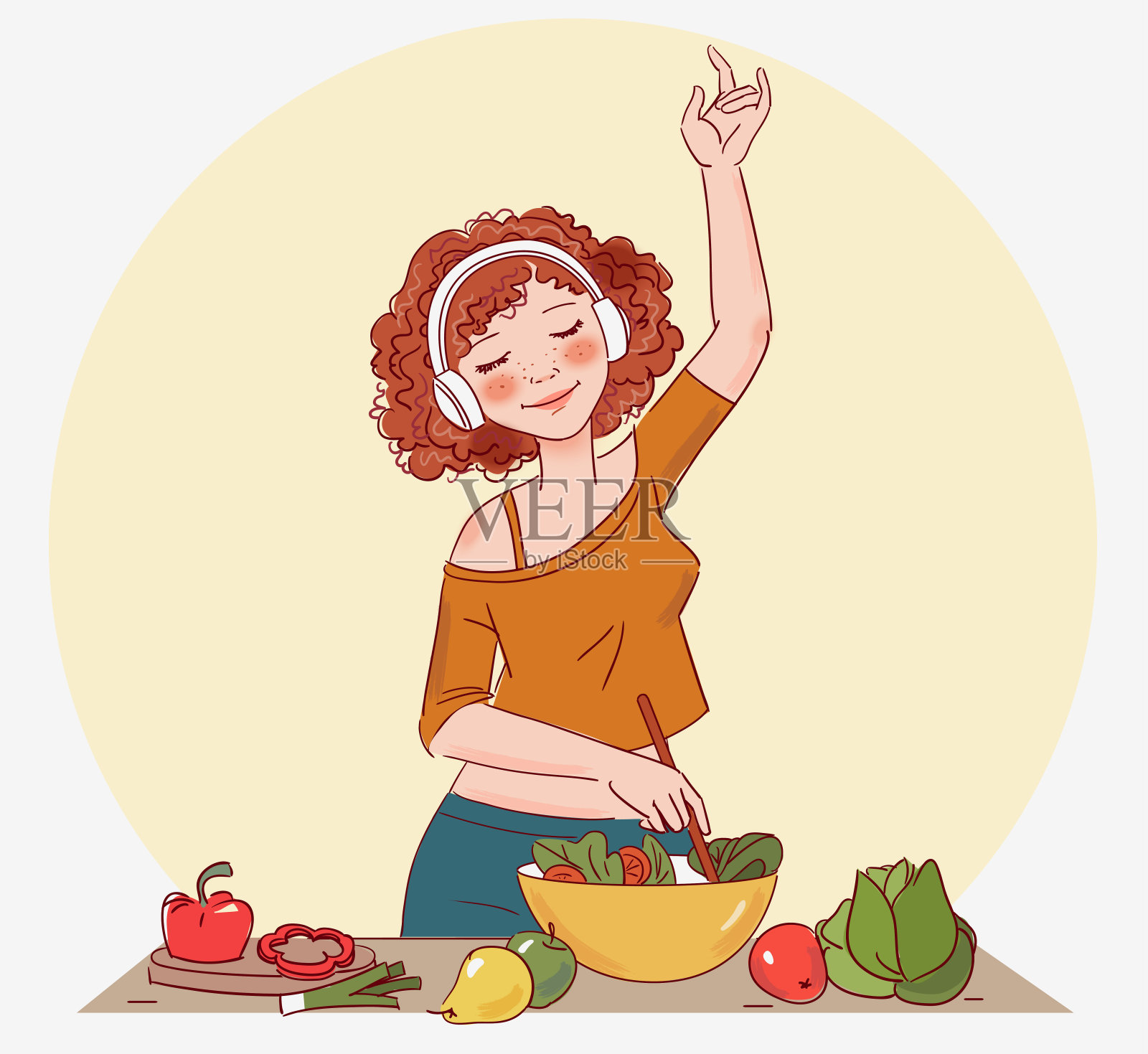 年轻快乐的女人一边在厨房做饭一边切法棍面包。照片摄影图片_ID:354889068-Veer图库