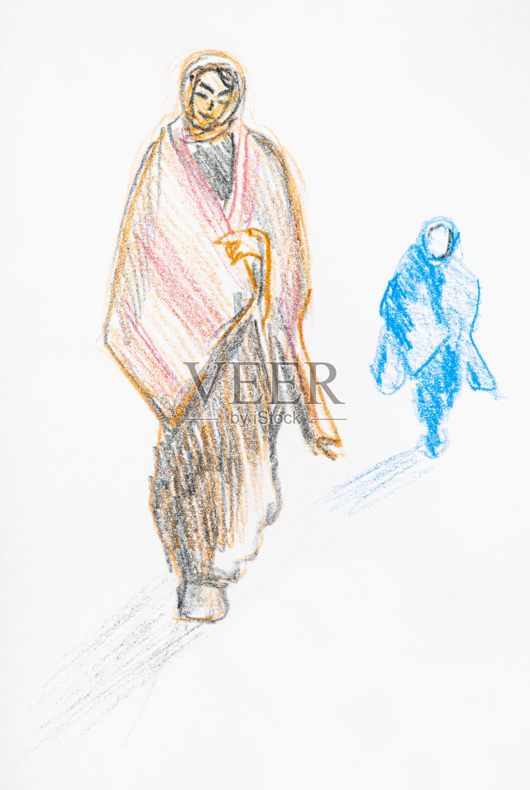 行走的穆斯林妇女披着披肩的素描插画图片素材