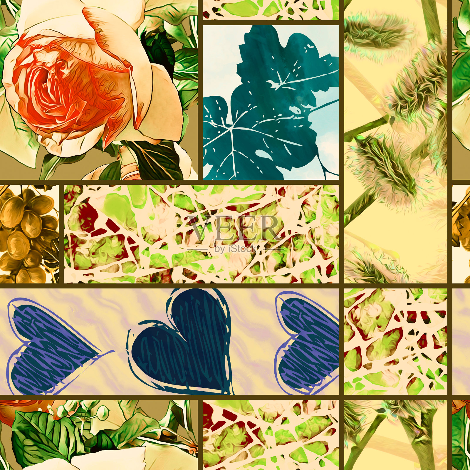 玫瑰、叶子、葡萄、心形和柳树的拼接，图案天衣无缝。插画图片素材