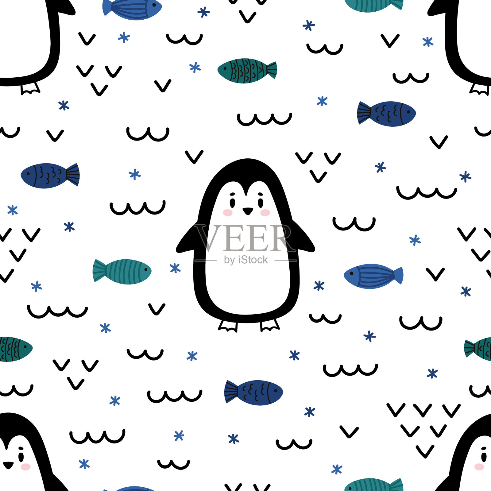 可爱的小企鹅和无缝图案插画图片素材