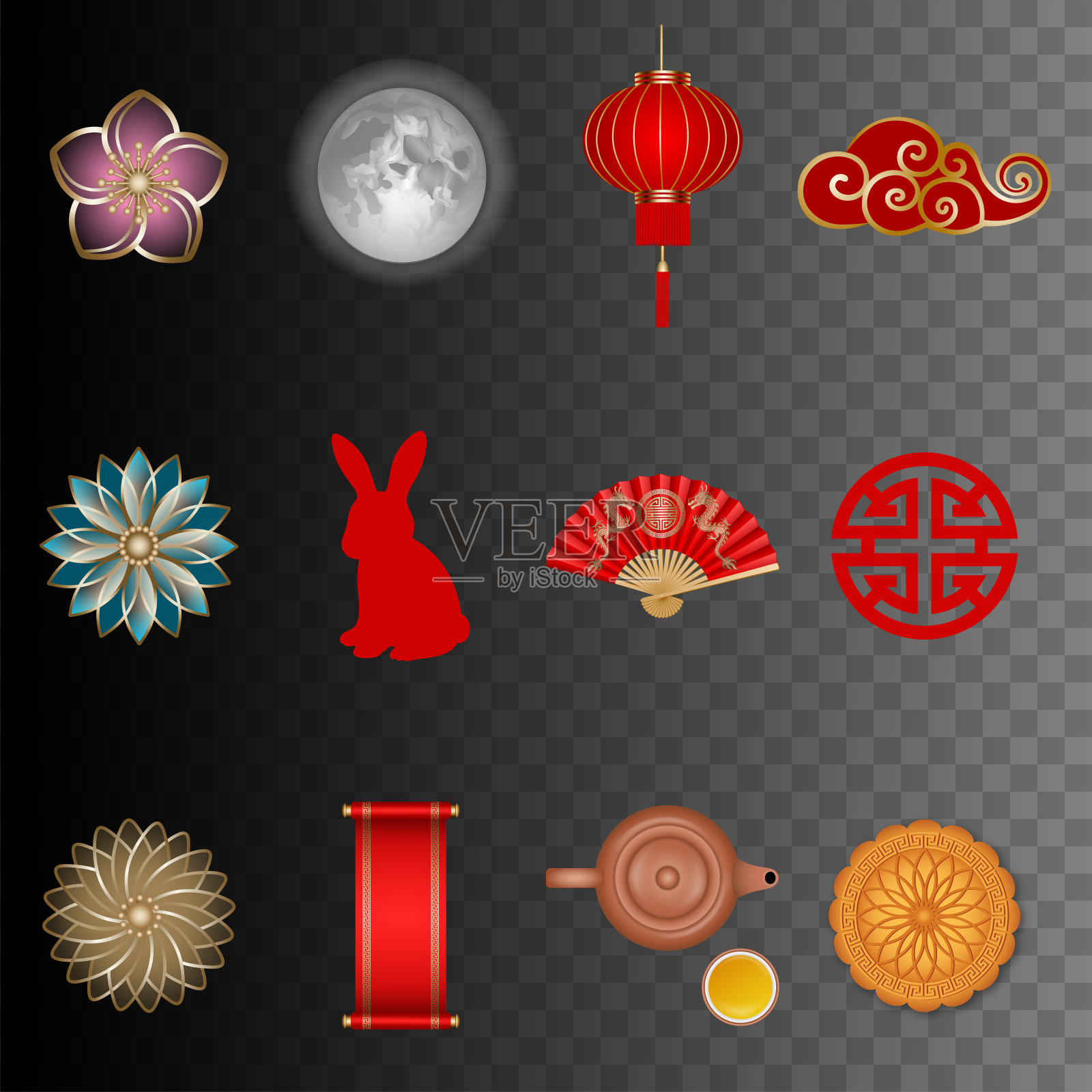 一套中秋节插图。孤立的中国传统元素设计元素图片