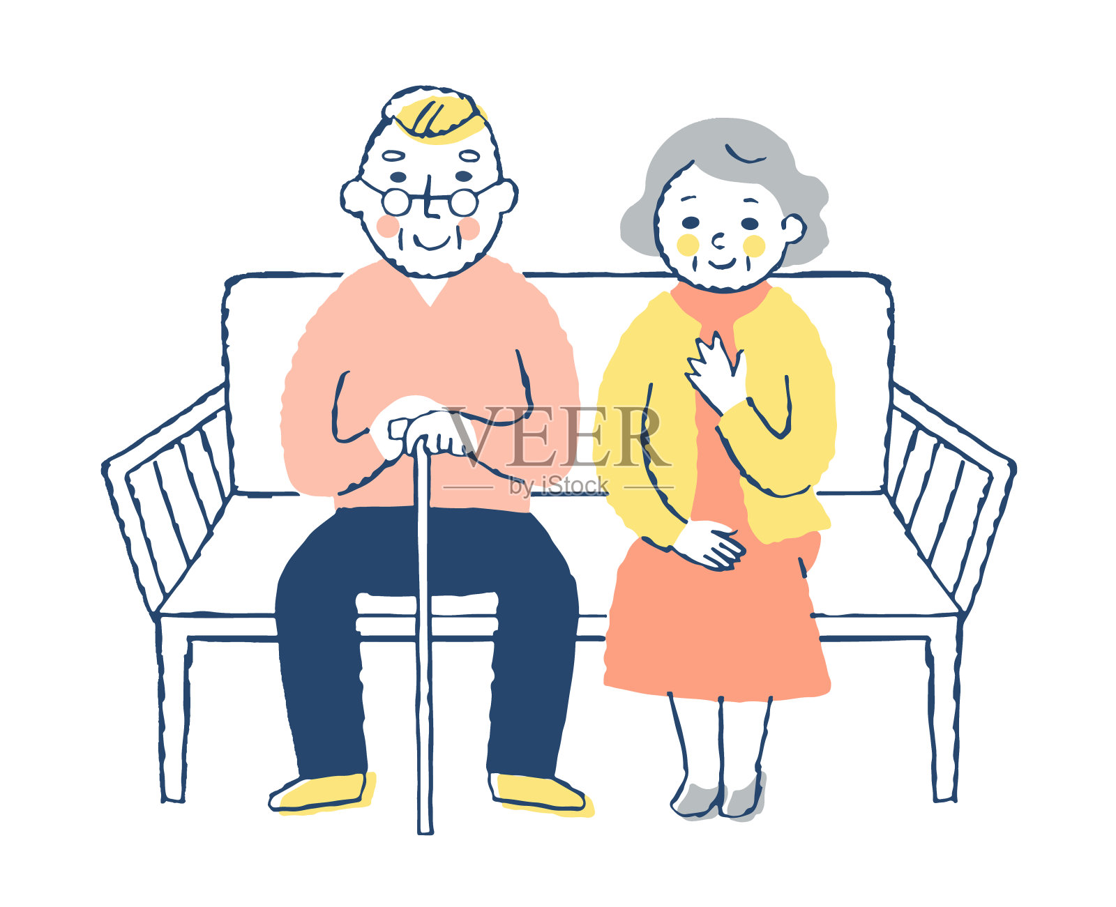 一对微笑的老夫妇坐在长椅上设计元素图片