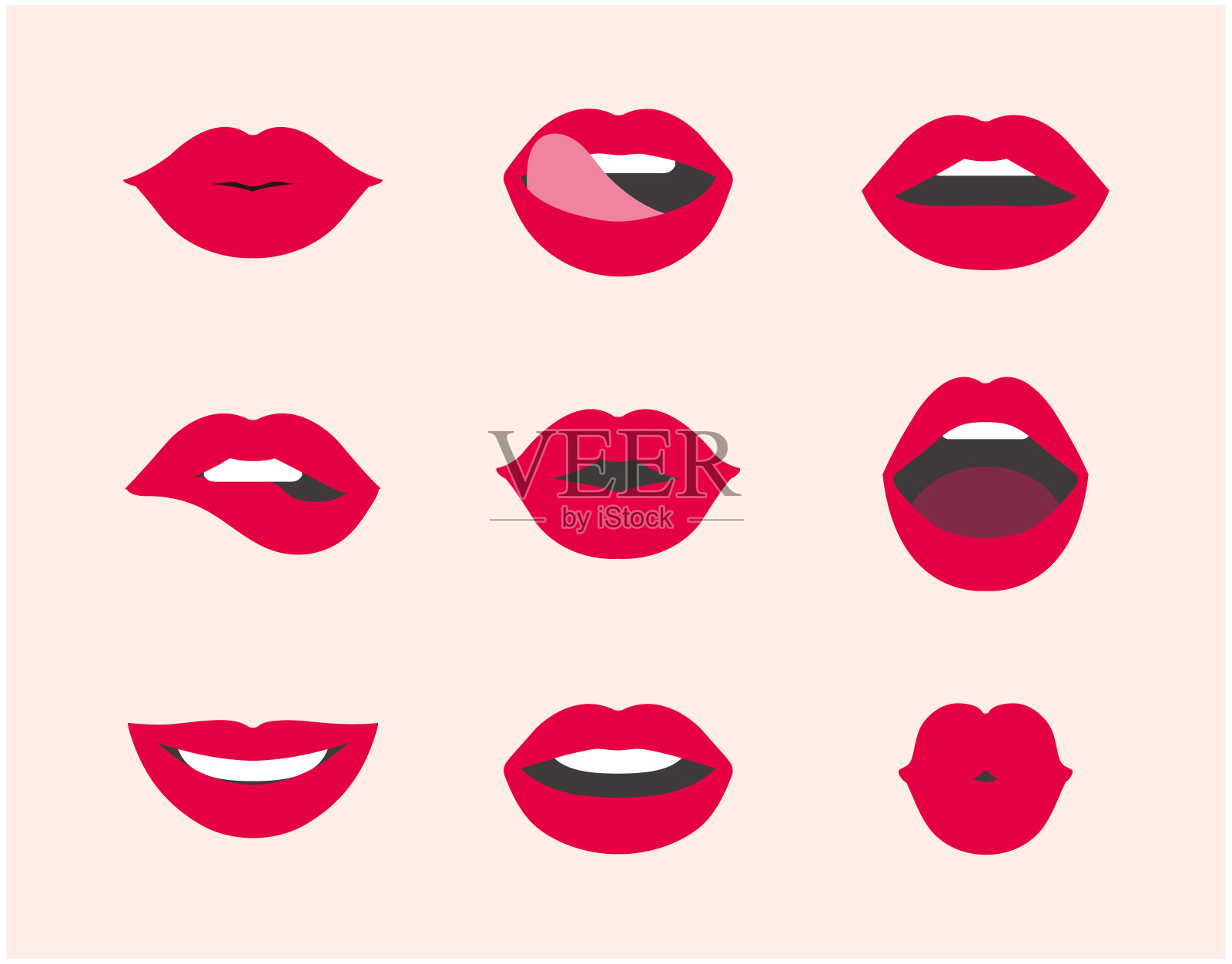 女性的红唇收藏。收集女人的嘴唇表达不同的情感。平面设计矢量插图性感女人的嘴唇。微笑,吻。美学理念，波普艺术，时尚背景。设计元素图片