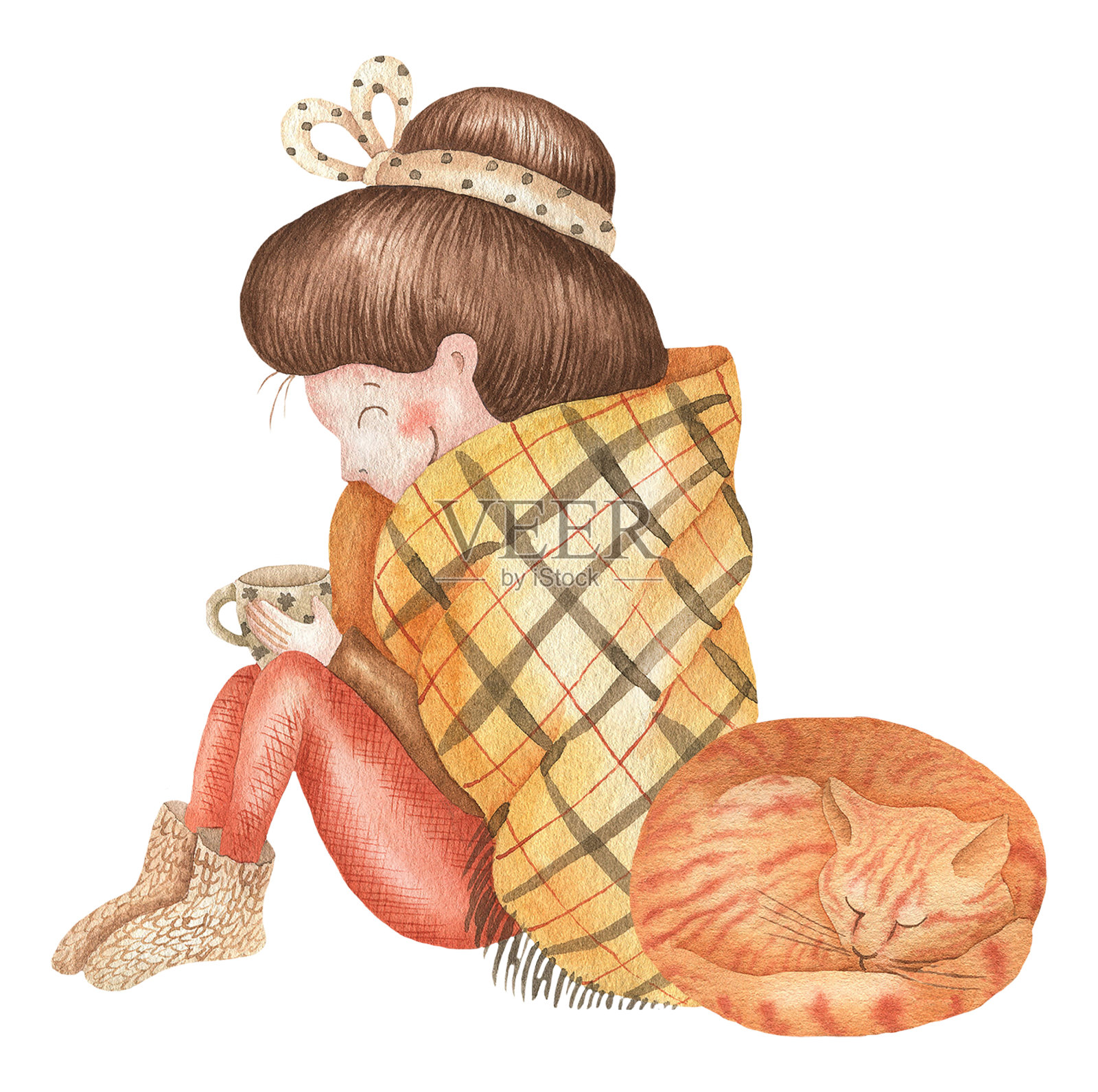 一个女孩和一只猫的插图。jpg插画图片素材