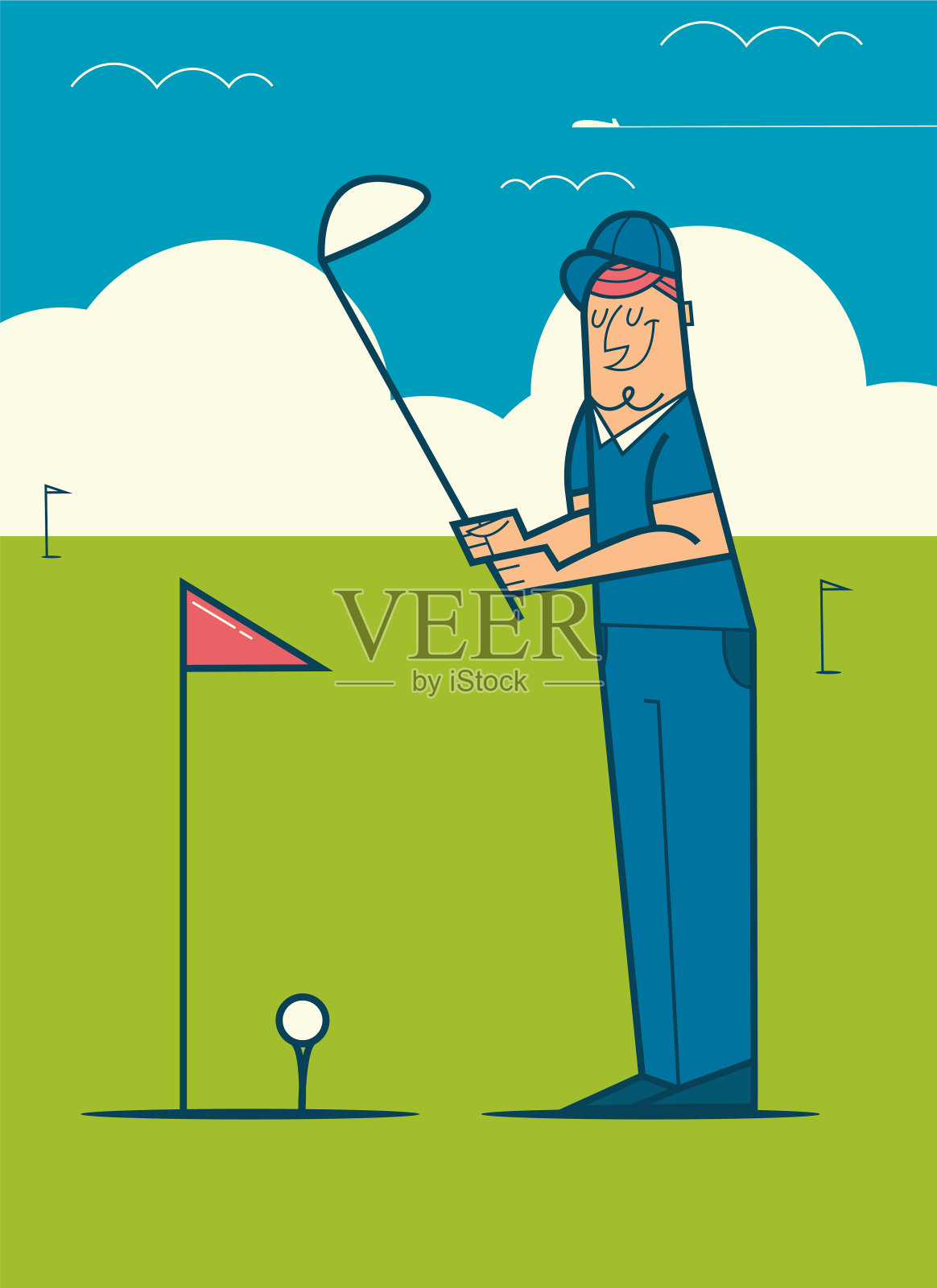 在高尔夫球场上打高尔夫球的职业高尔夫球手。向量卡通插图。插画图片素材