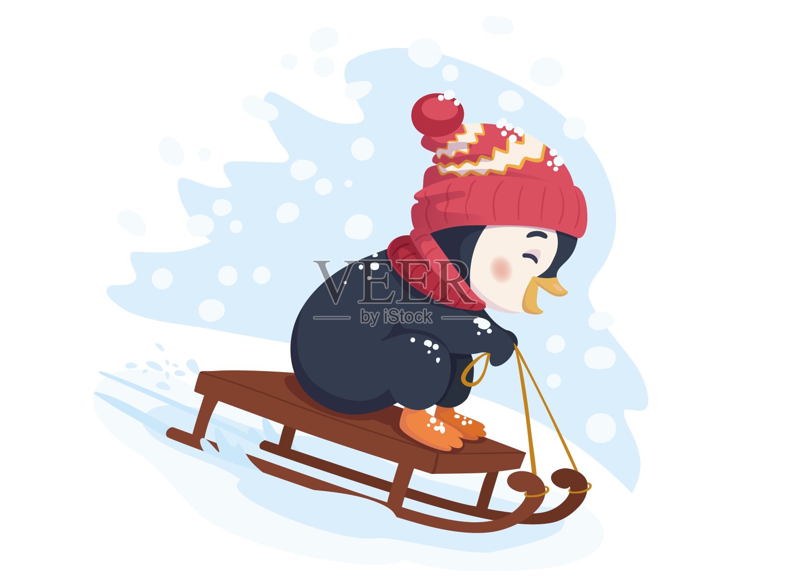 有趣的企鹅滑雪橇。在冬季滑雪插画图片素材