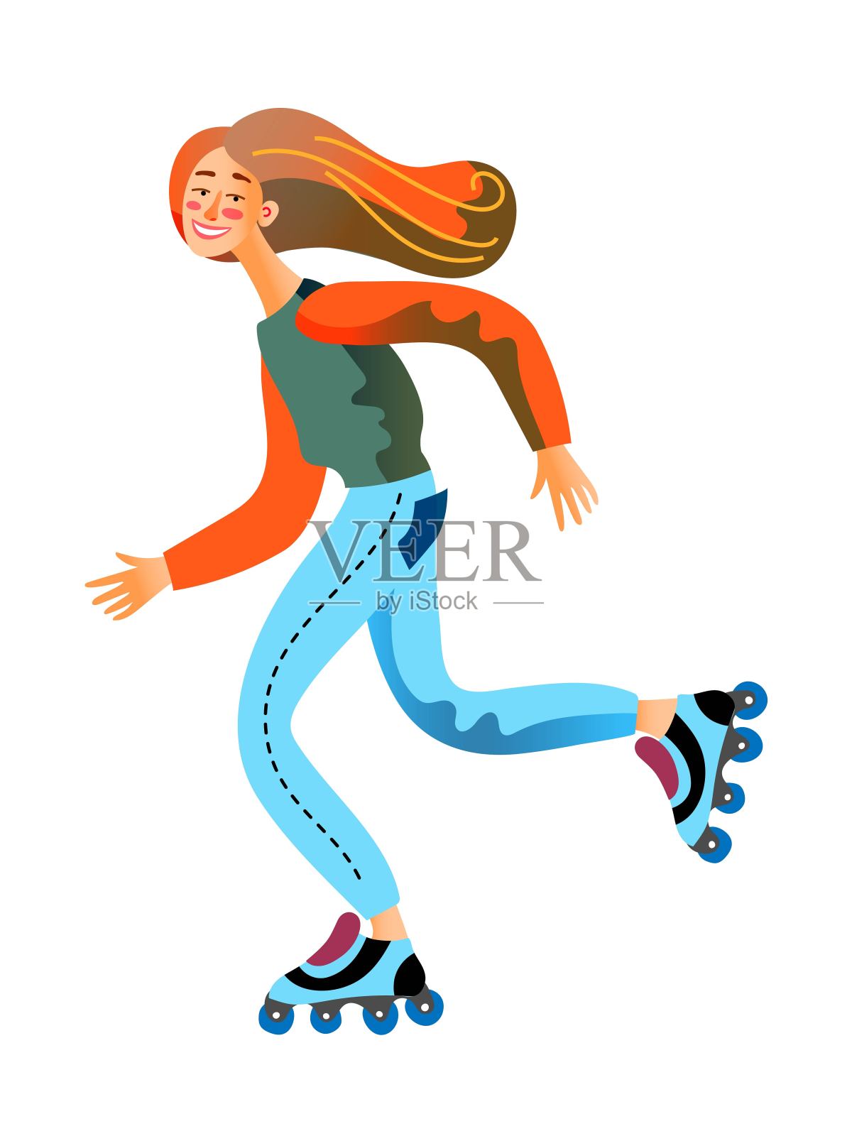 可爱的年轻女子滑旱冰，享受速度。微笑的女孩骑着轮滑，在白色的背景孤立。运动活动、户外休闲、健康生活方式的矢量特征说明。插画图片素材