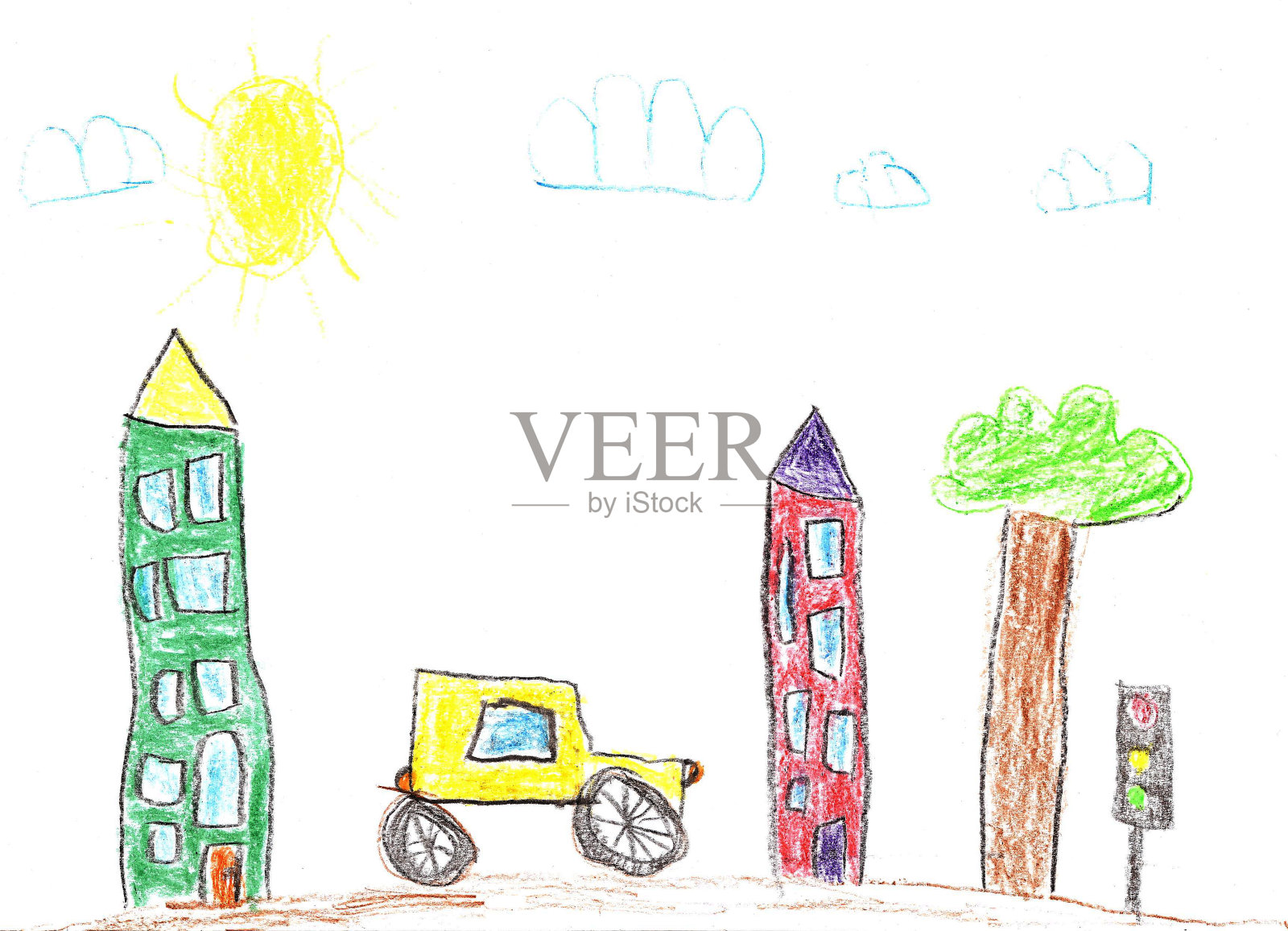 画建筑和汽车。幼稚的城市道路。插画图片素材