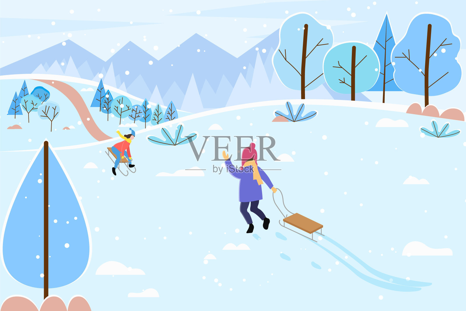 冬季景观和儿童与雪橇户外插画图片素材
