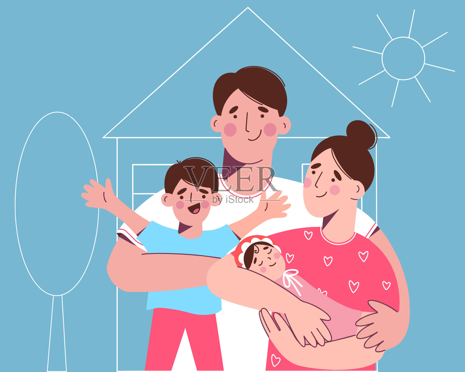 一个有两个孩子的幸福家庭的背景是一所新房子。一个妇女怀里抱着一个新生儿。这家人想买一栋新房子。插画图片素材