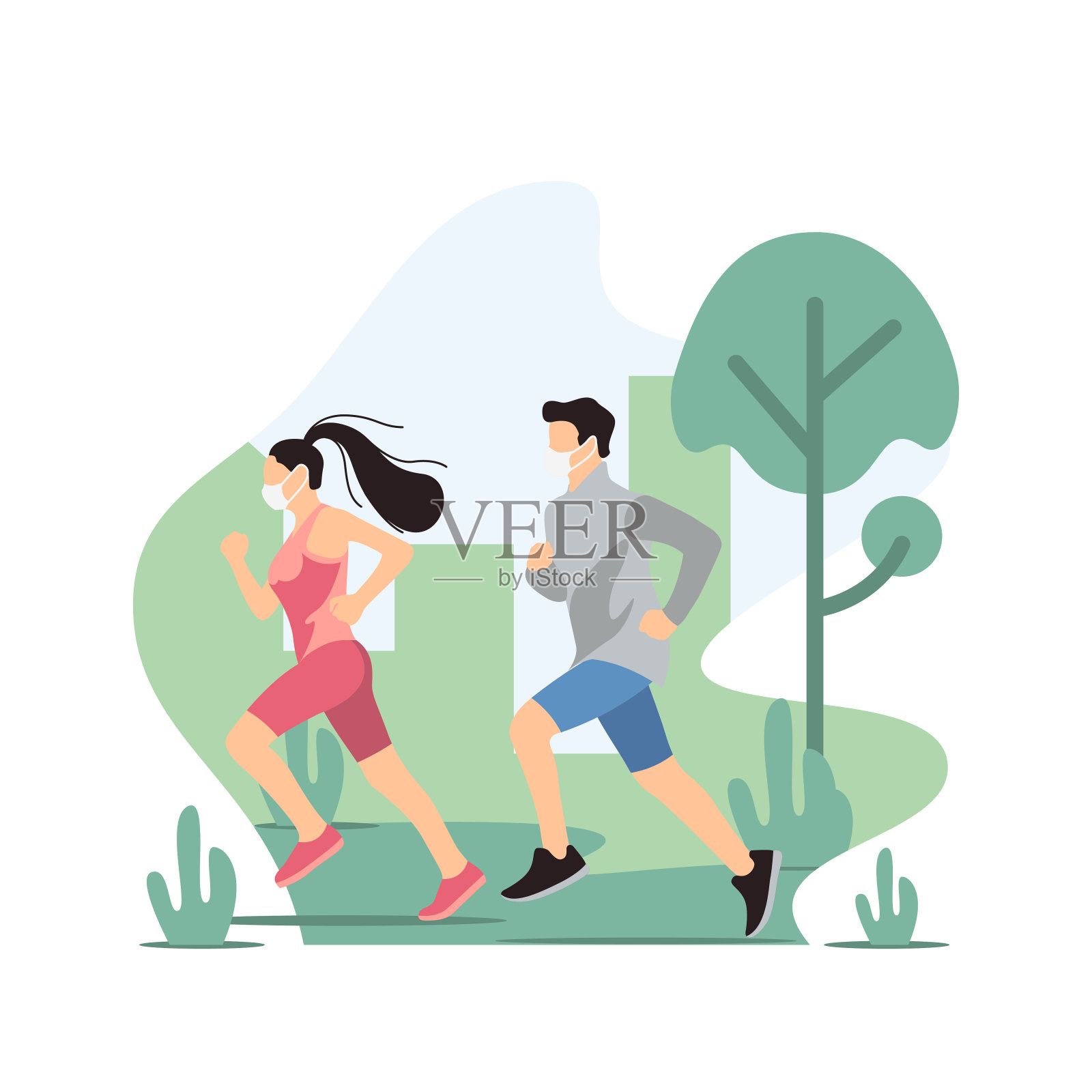 图为新冠肺炎大流行新常态下，一男一女戴口罩跑步。插画图片素材
