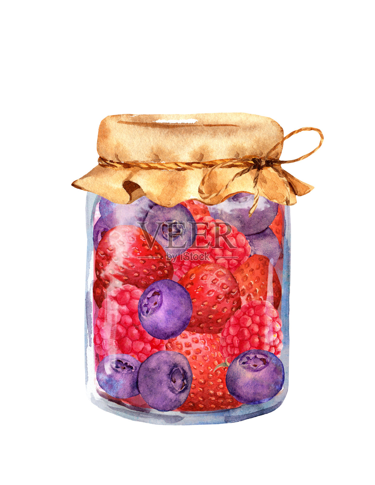果酱-草莓，覆盆子，蓝莓在玻璃罐中。水的颜色插画图片素材