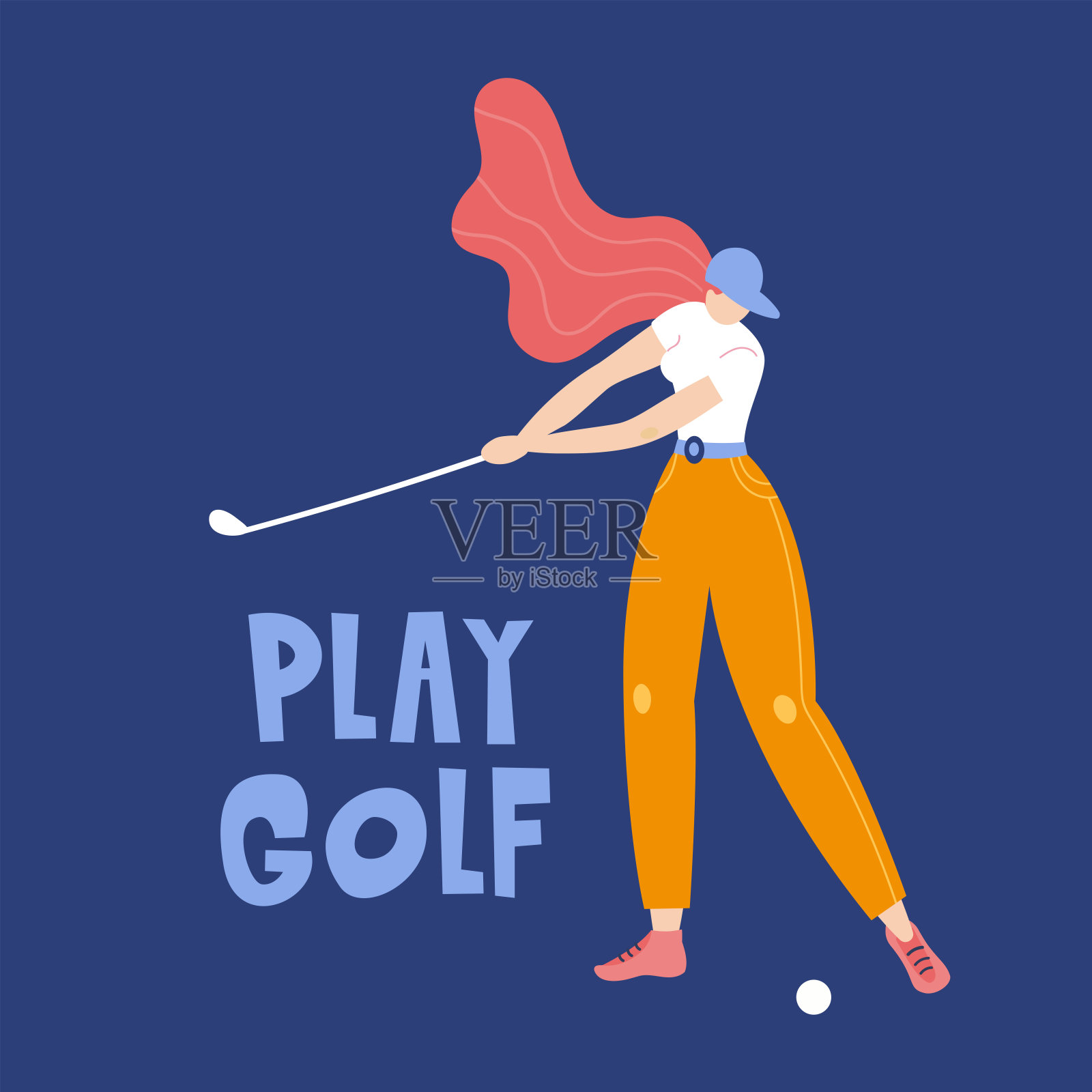职业女子高尔夫球手用球杆击球。矢量平面手绘插图。打高尔夫球的女运动员。女孩在运动。t恤的设计。女运动员训练室外。卡通人物。插画图片素材