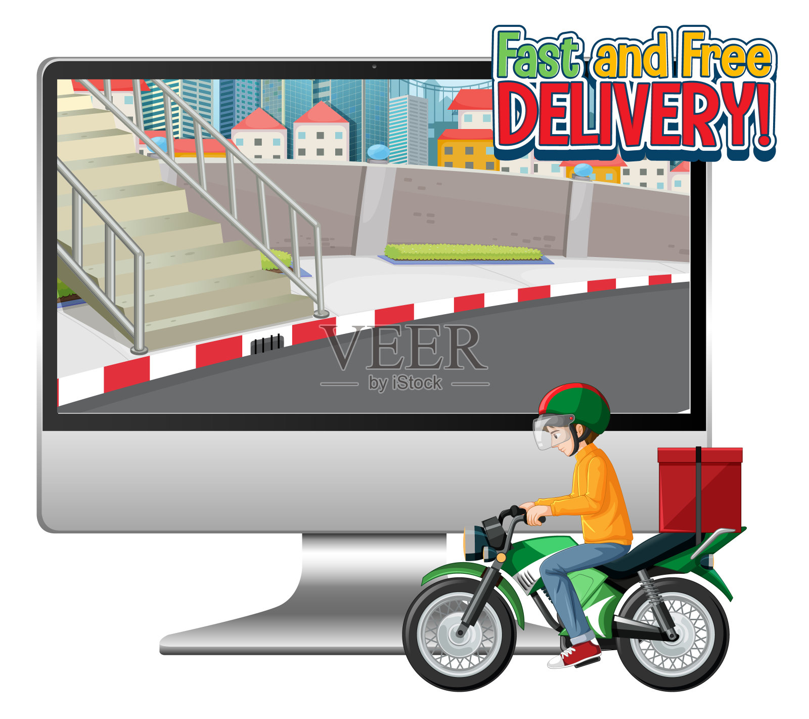 电脑与自行车人或快递和快速和免费送货标志插画图片素材