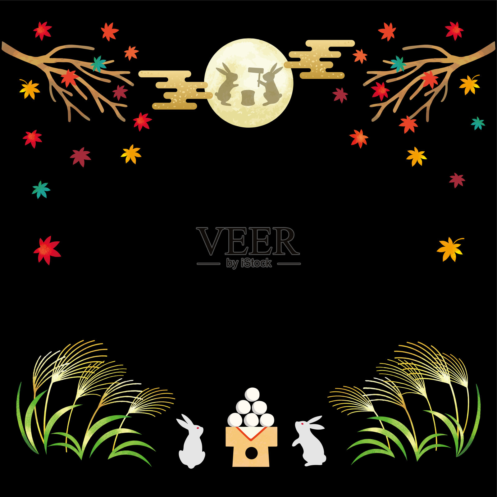 满月和兔子。日本的赏月节。背景图片素材