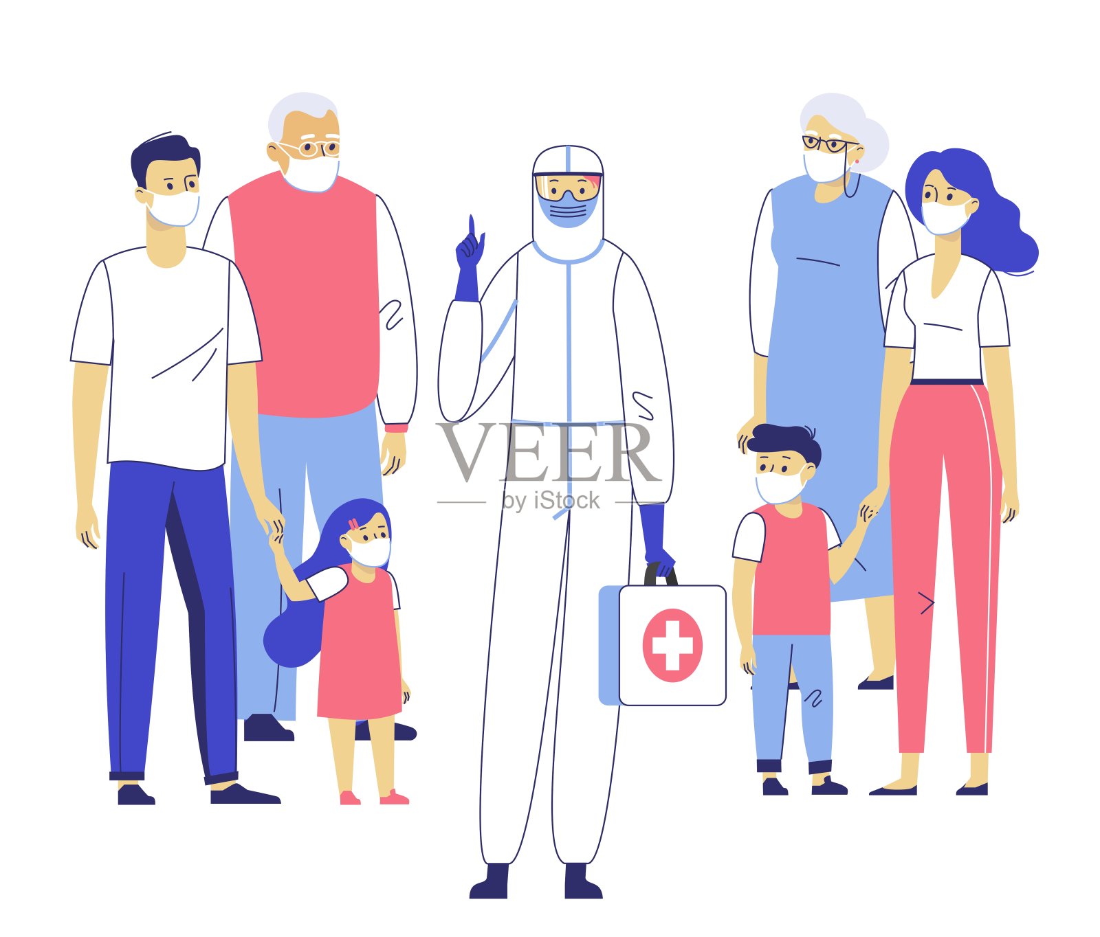 流行病的概念。家庭医生穿着病毒防护服病人戴着防护口罩。设计元素图片