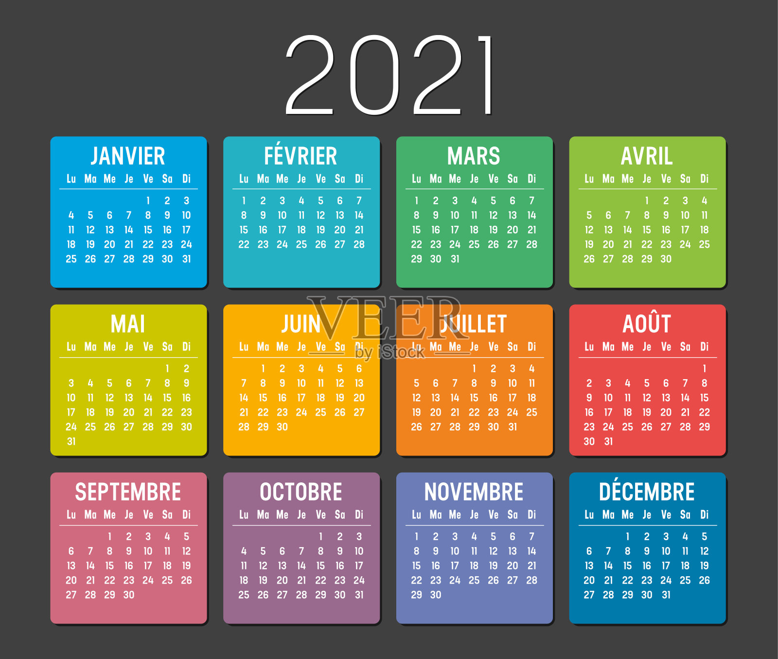 2021年五颜六色的法国日历设计模板素材
