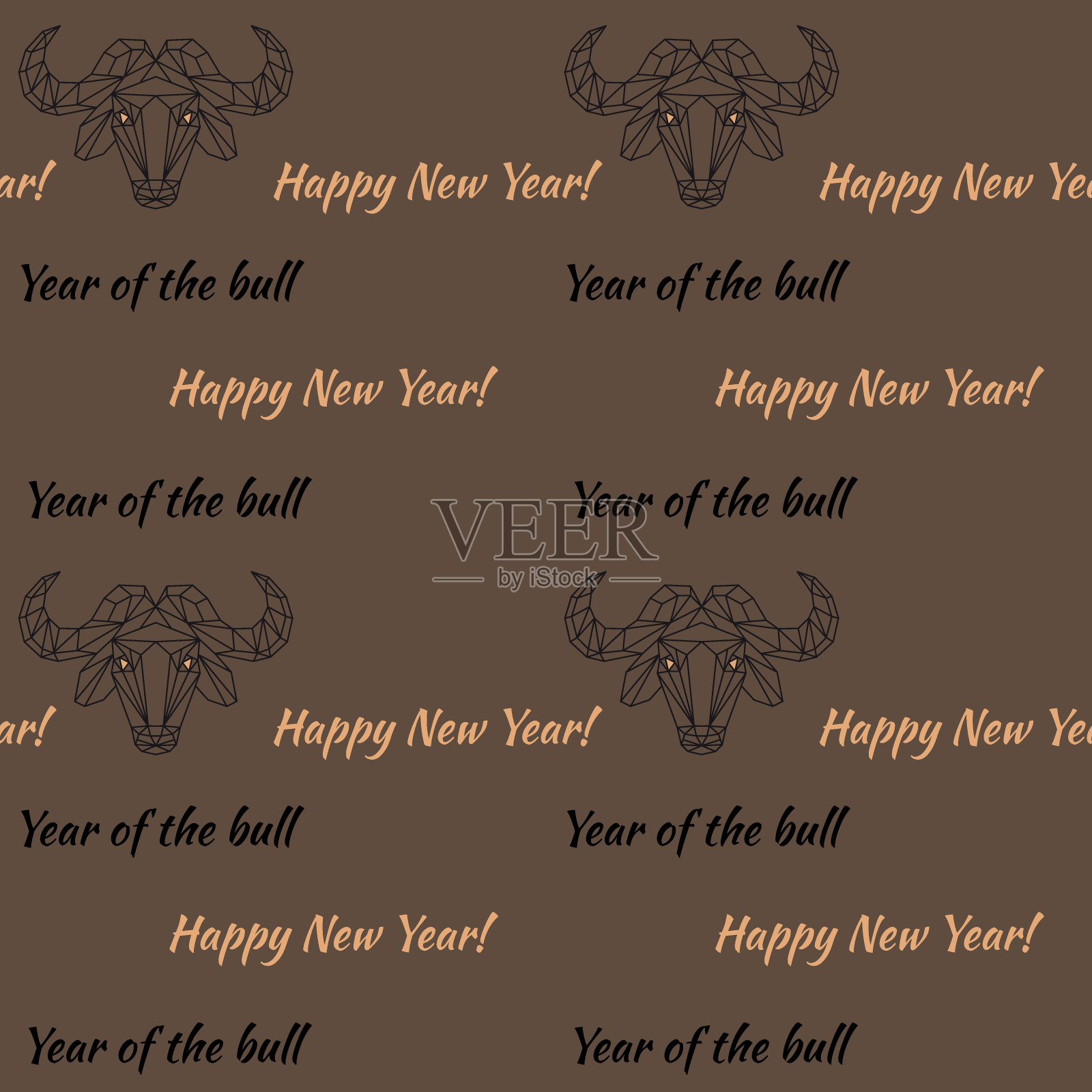 新年矢量模式的牛年与牛的头的图像多边形图形在一个棕色的背景设计模板素材