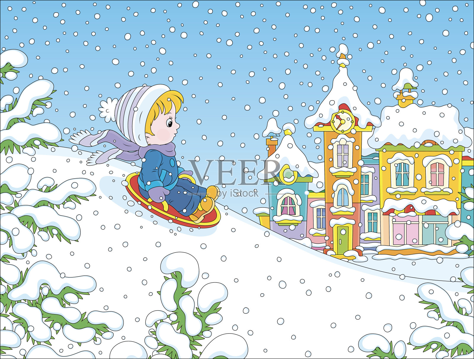 小孩用雪橇从雪上滑下来插画图片素材