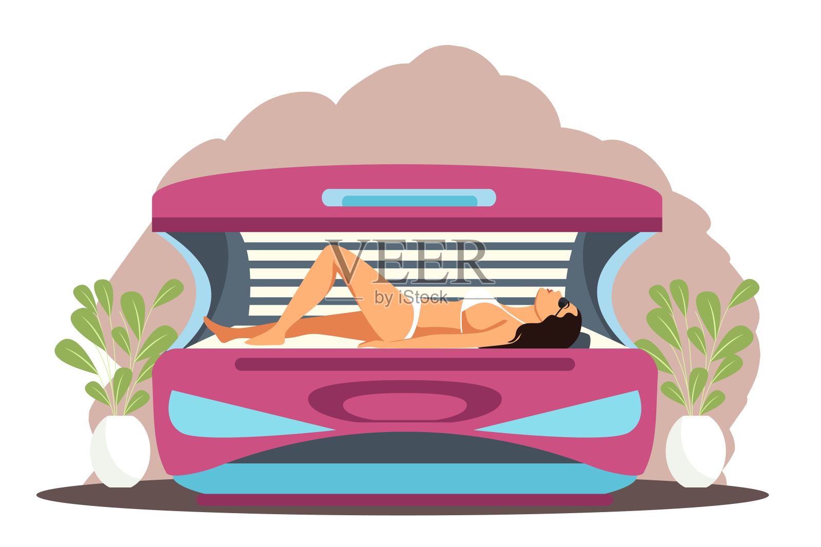 女孩躺在晒黑床上准备暑假。女人穿着比基尼和太阳镜在美容院与现代科技晒黑。日照时间矢量图插画图片素材