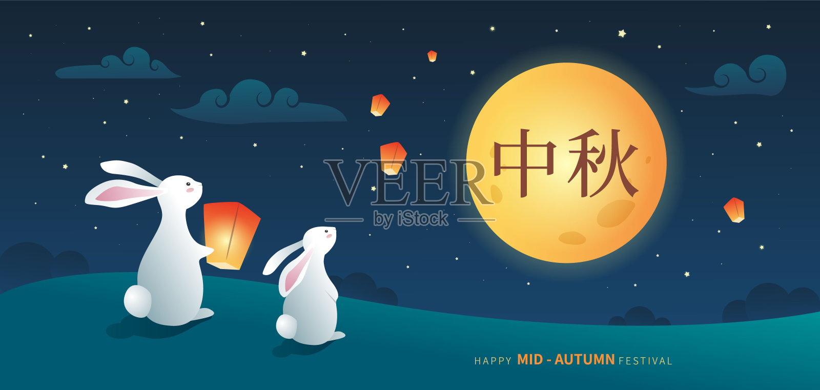 中秋节庆祝贺卡。兔子在晚上看满月，放天灯。——矢量设计模板素材