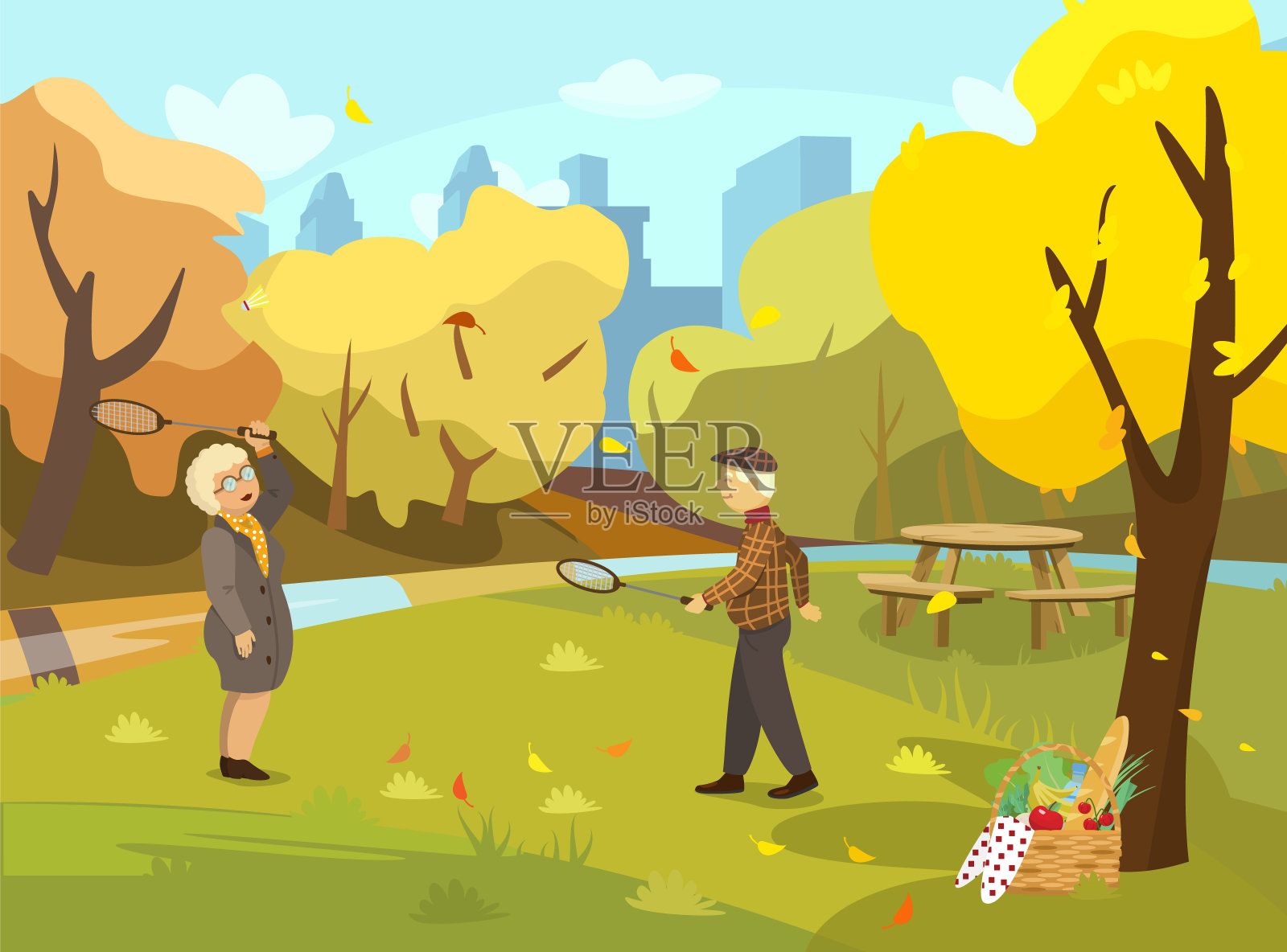 一对老夫妇在秋天的公园里打羽毛球插画图片素材