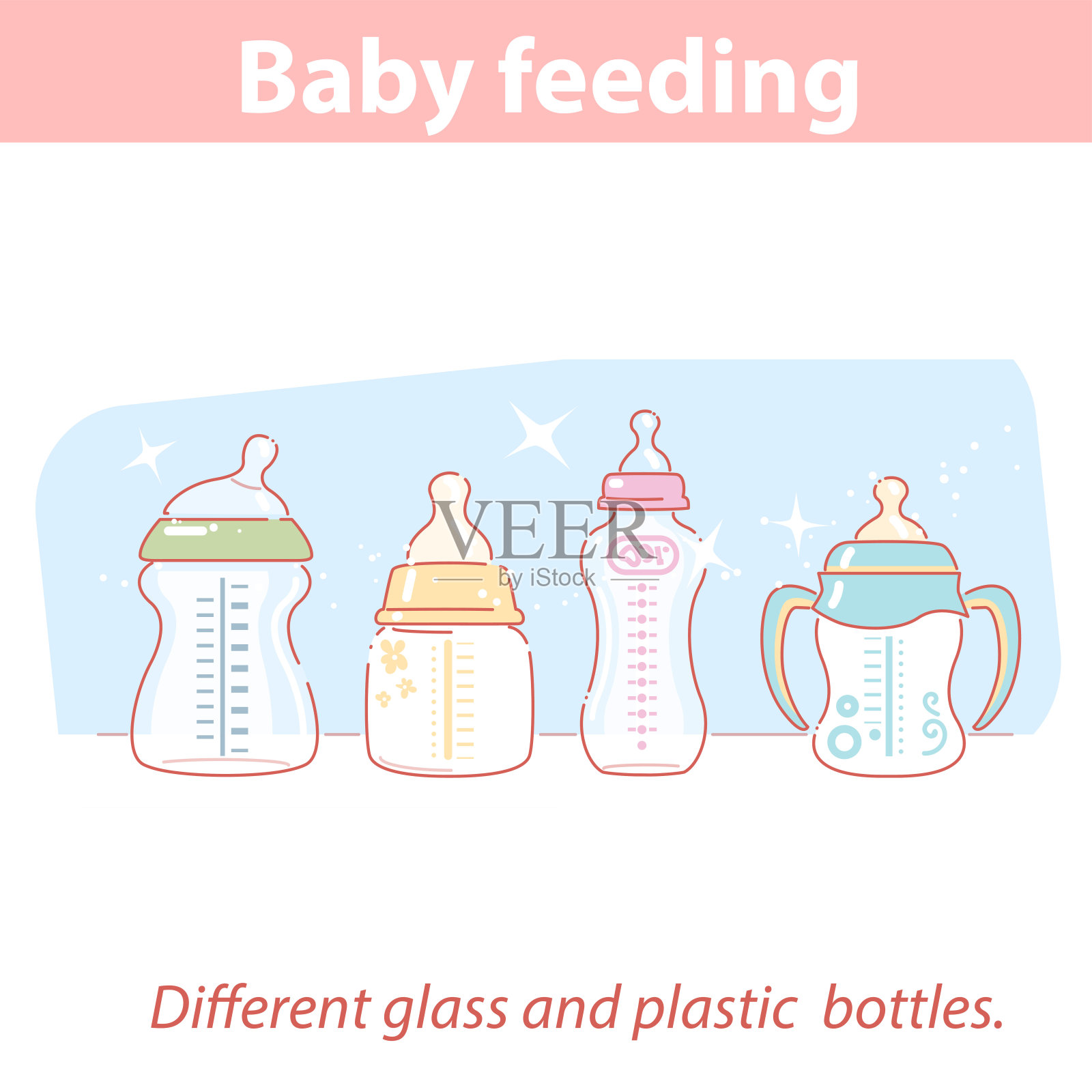 婴儿喂养。一套不同的奶瓶供婴儿连续喂养。插画图片素材