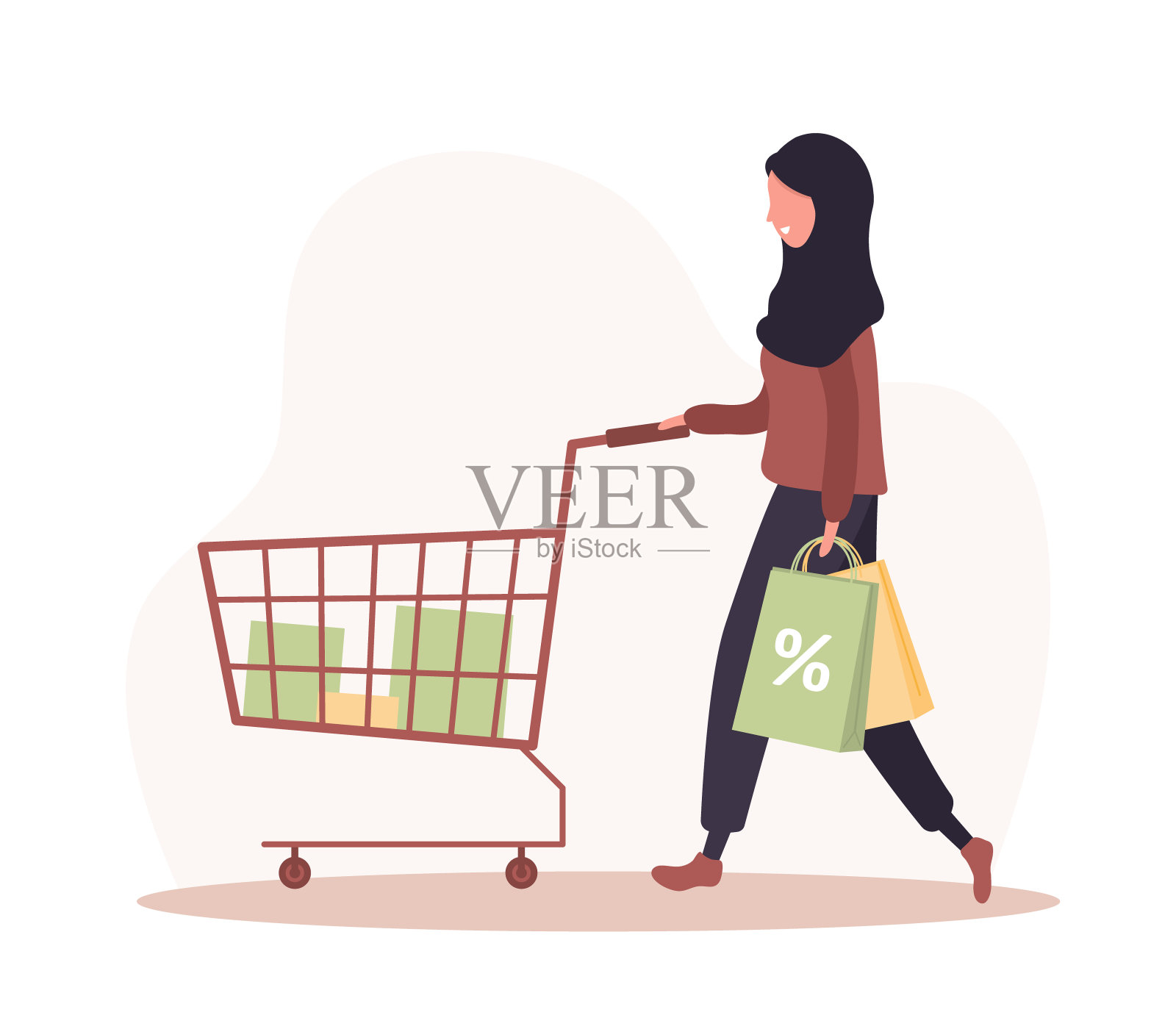 女人购物。快乐的阿拉伯女孩带着手推车和袋子。矢量卡通插图孤立的白色背景。促销和销售模板。设计元素图片