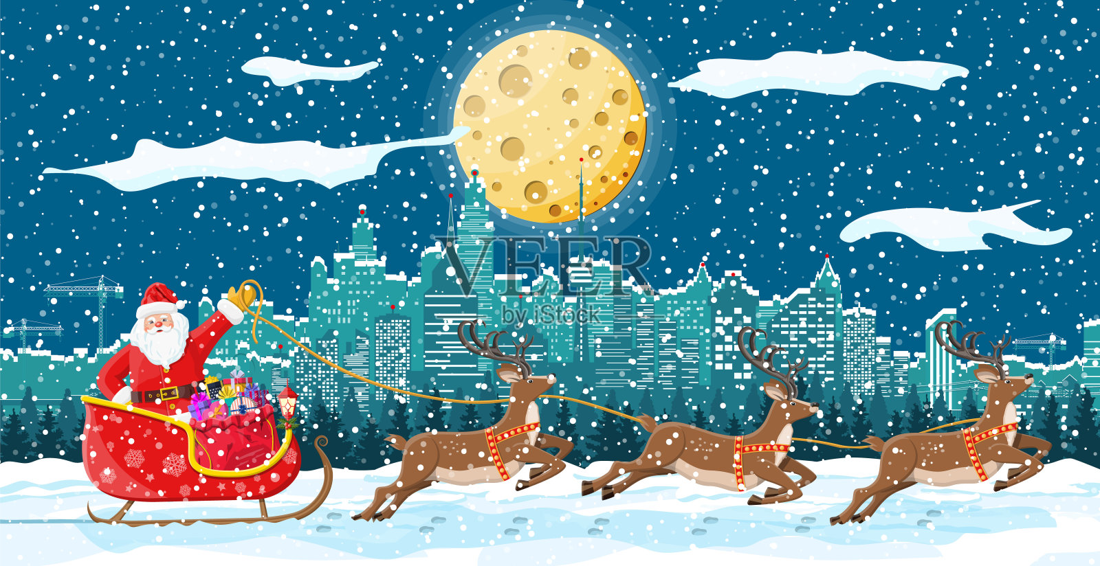 圣诞老人驾着驯鹿雪橇插画图片素材