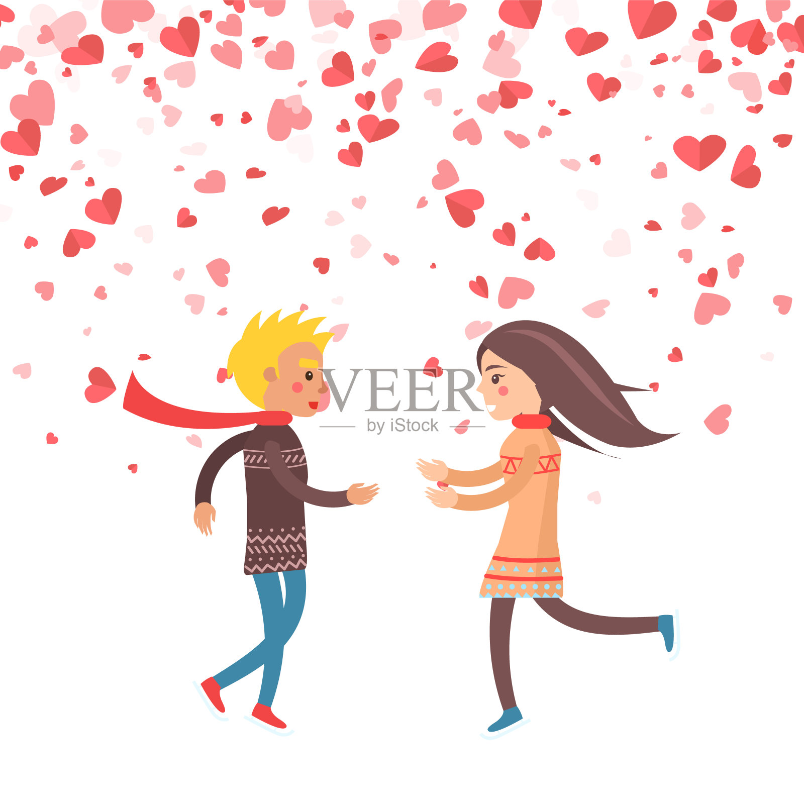 幸福的情侣手牵着手，纸做的矢量心插画图片素材