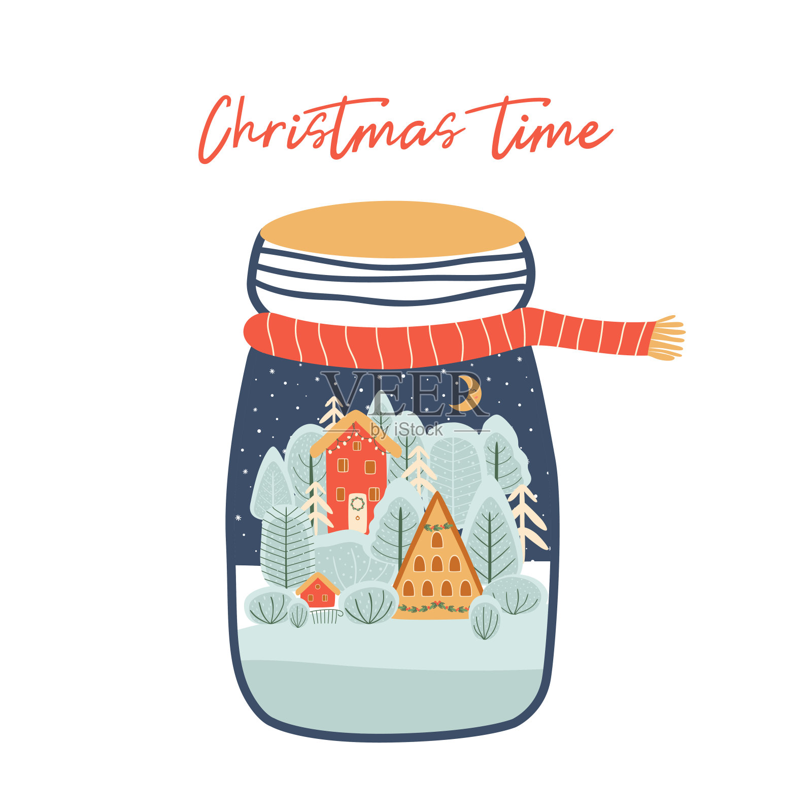 圣诞村冬季景观成jar圣诞贺卡。古老的建筑和树木冬天的景象插画图片素材