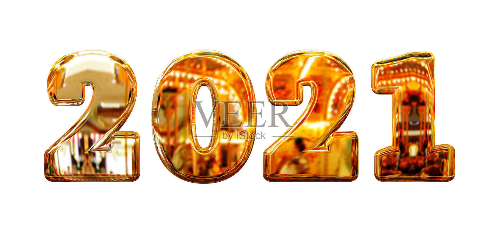 2021年日期与反光的黄金金属数字隔离在白色背景。圣诞新年节日设计照片摄影图片