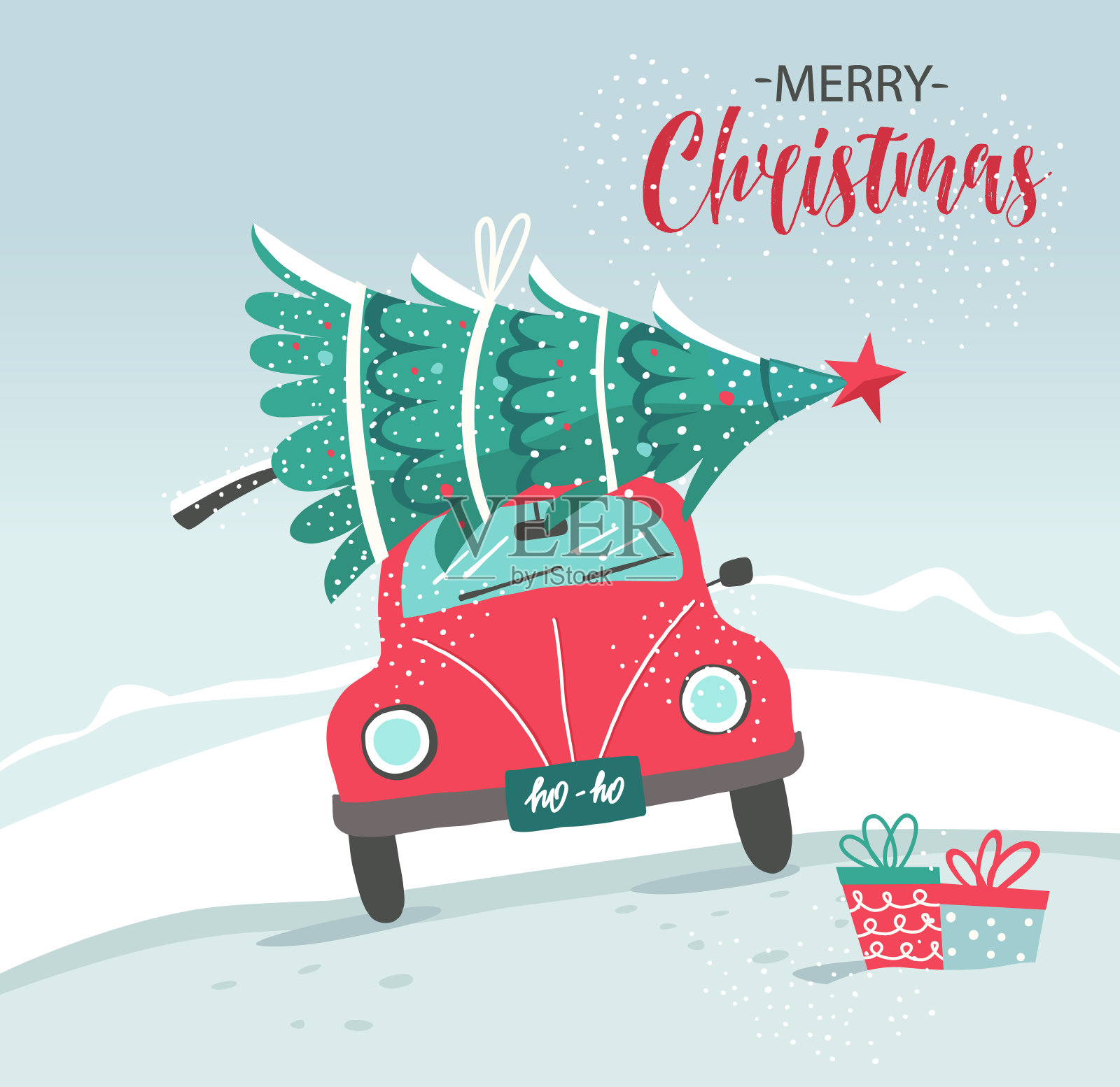 矢量图片与红色汽车和圣诞树。圣诞节的照片。红色的皮卡。年画派送服务。插画图片素材